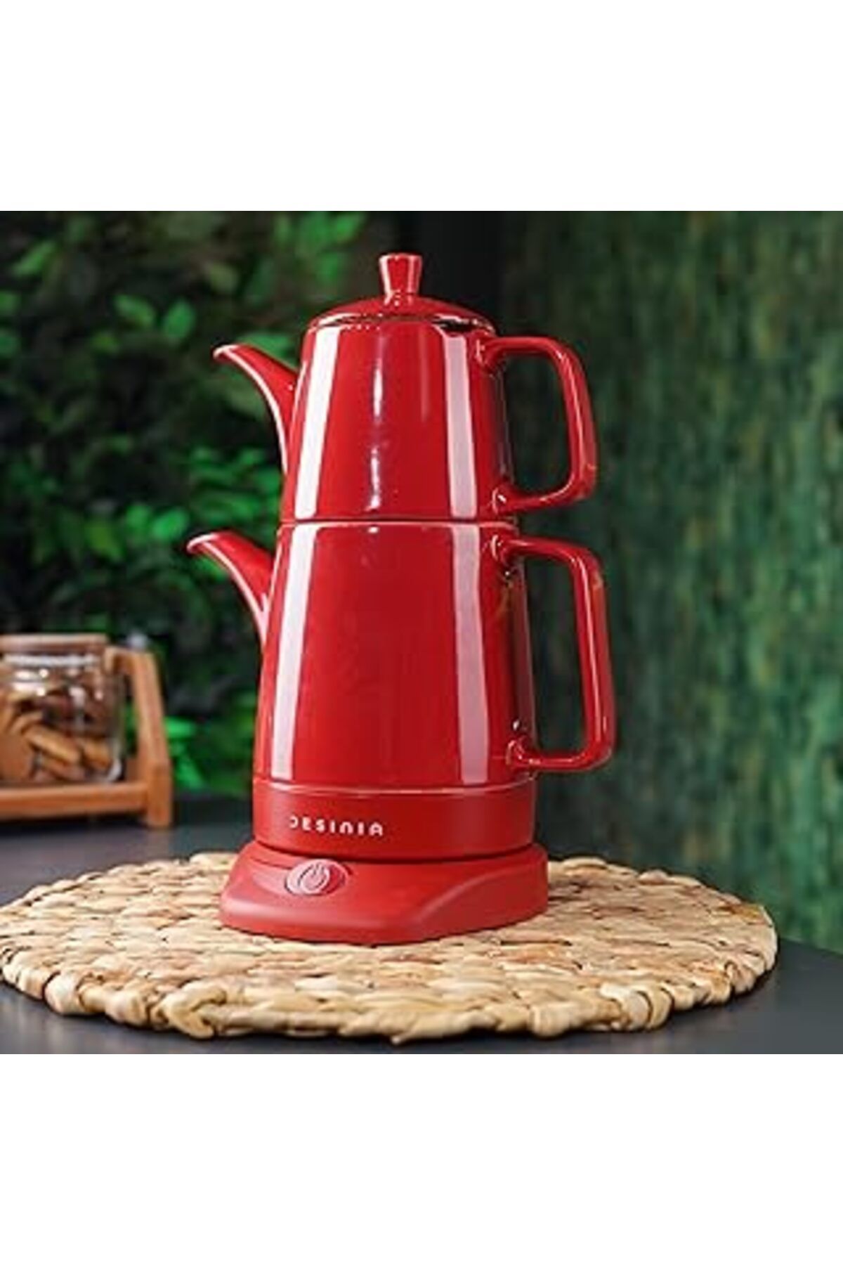 Mu Art Ahşap Desinia Porselen Çay Makinesi 1Lt. Kırmızı Çaycı Su Isıtıcı Kettle Çaymatik