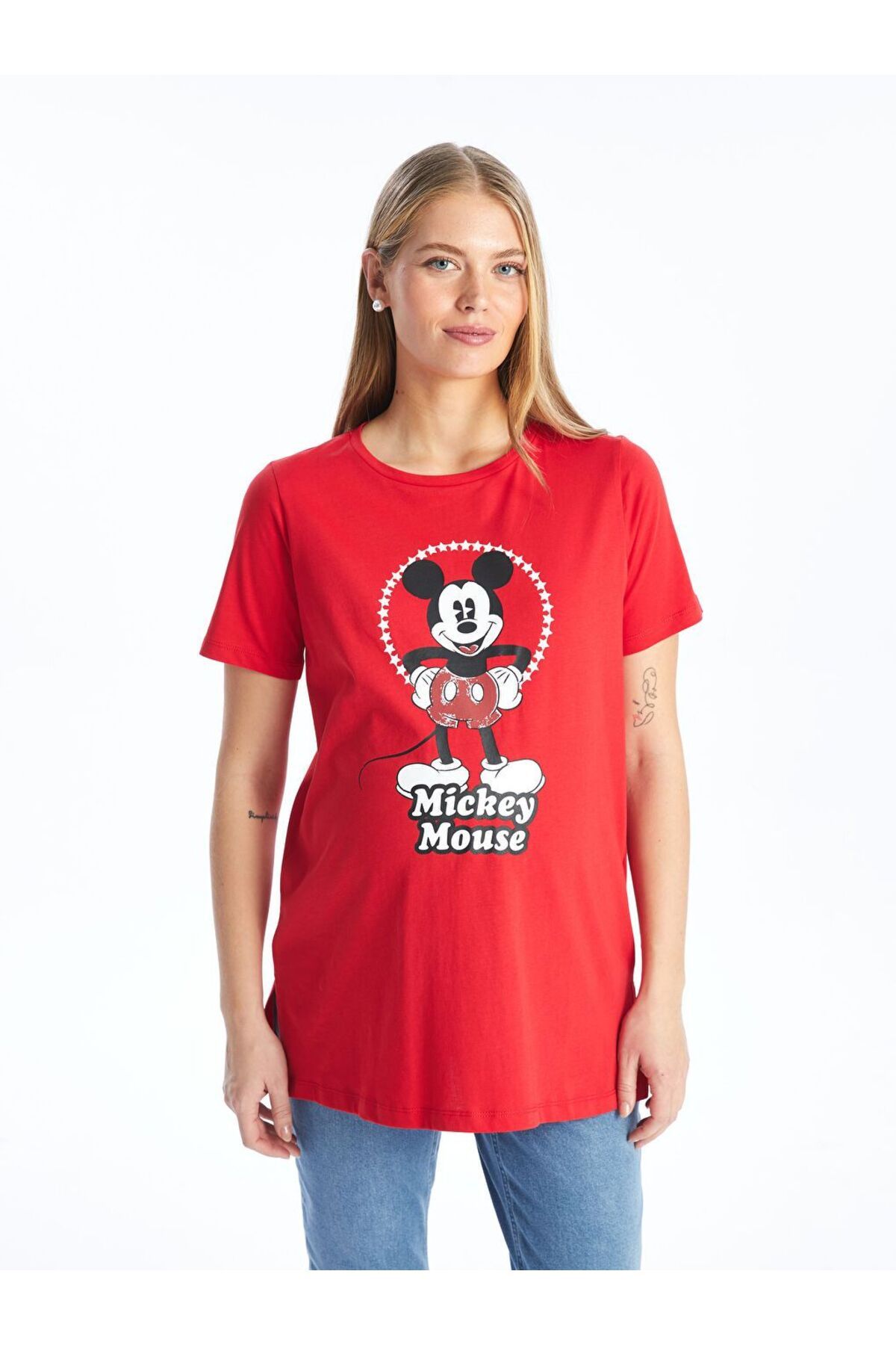 LC Waikiki Kirmizi Bisiklet Yaka Mickey Mouse Baskılı Kısa Kollu Hamile Tişört