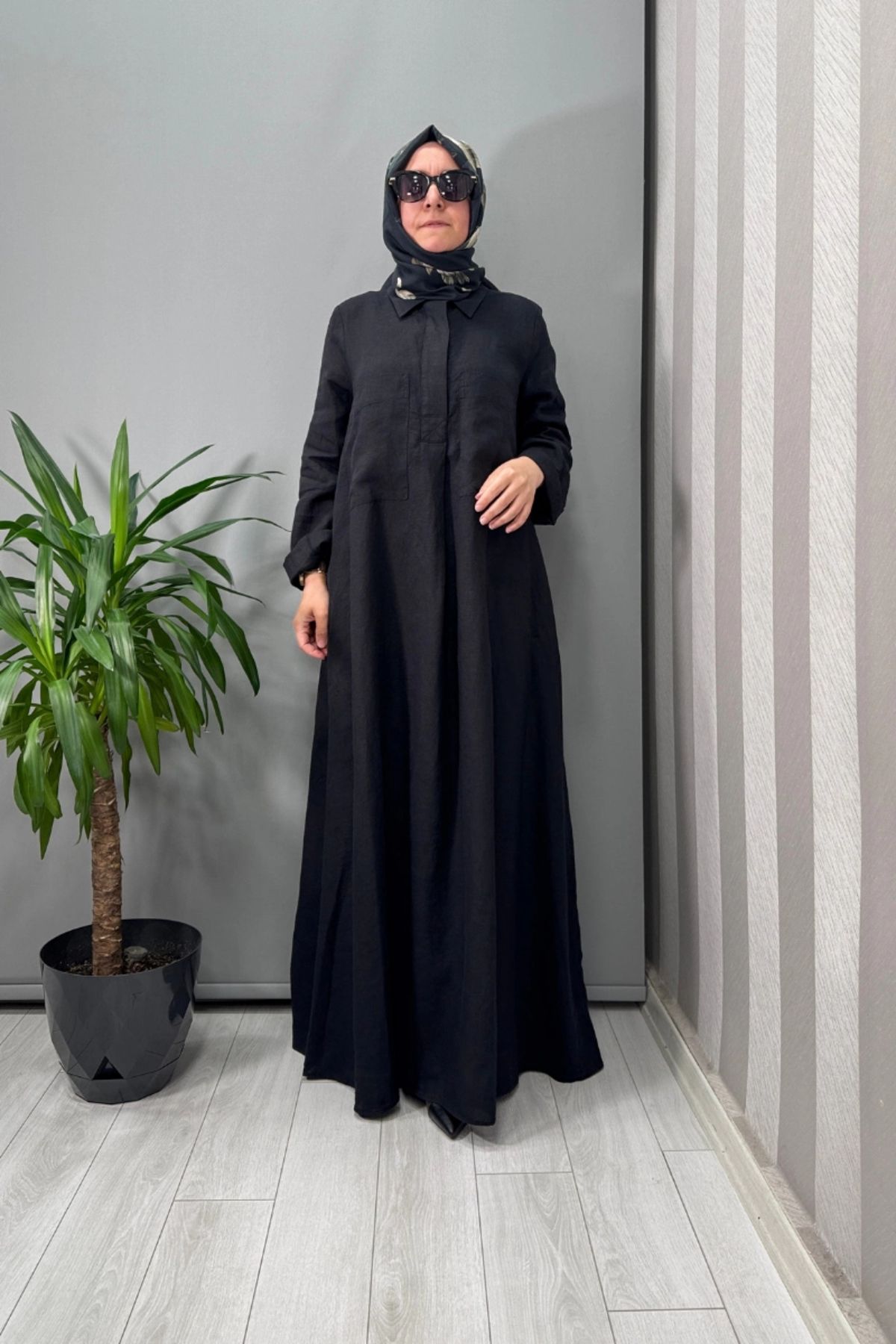 MISS DALIDA Cepli Düz Renk Keten Gömlek Elbise Siyah T25Y-4059