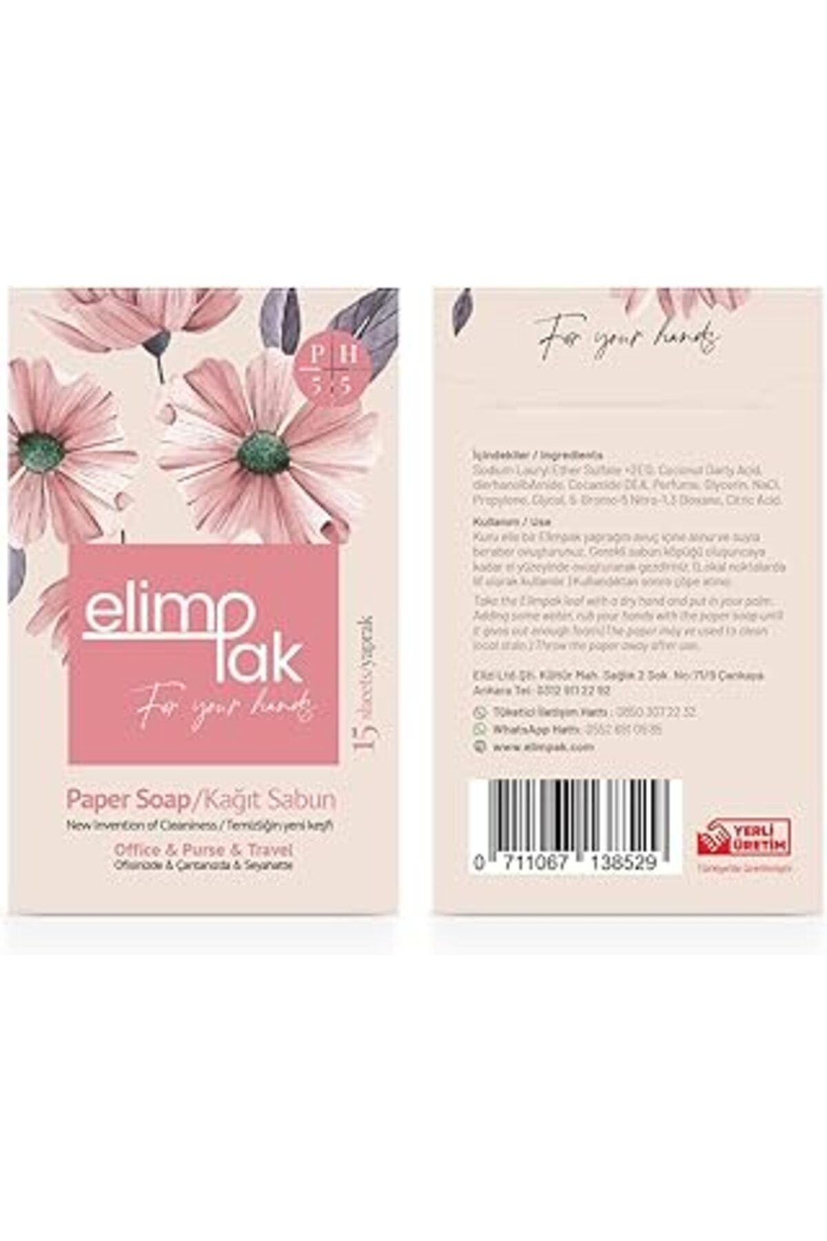Mu Art Ahşap Elimpak Pratik Kağıt Sabun 5Li Paket (75 Kullanimlik) Güneş Piknik Tatil Seyahat Okul (Pink Flower