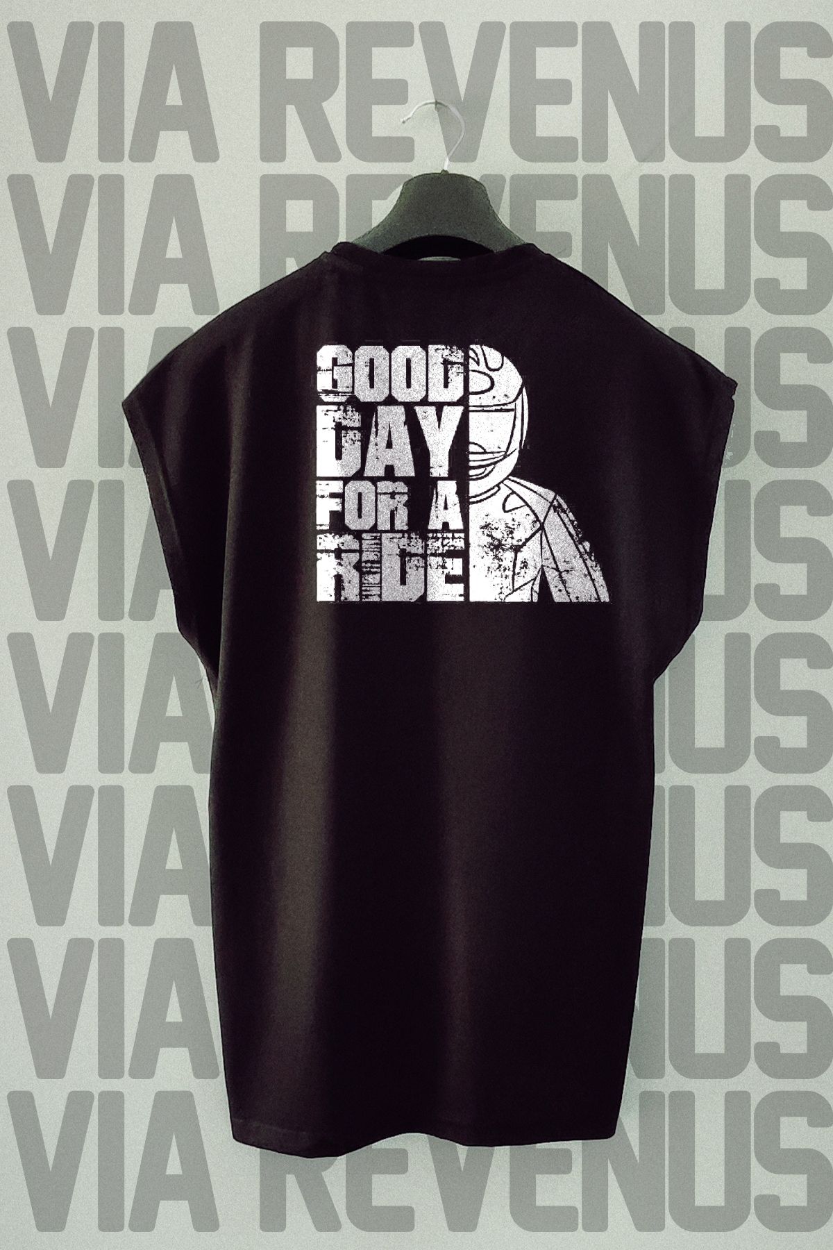 Vordevia Good Day For a Ride / Motorcu Sırt Baskılı Sıfır Kollu Bisiklet Yaka Spor Tshirt