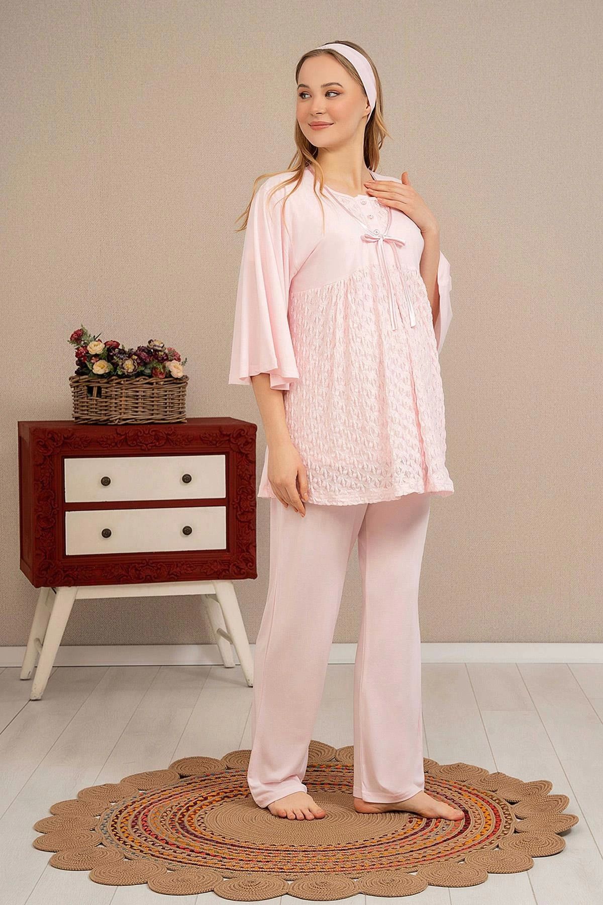 ARONA Ba-Ha 4504 Dantel Sabahlıklı Lohusa Pijama Takımı