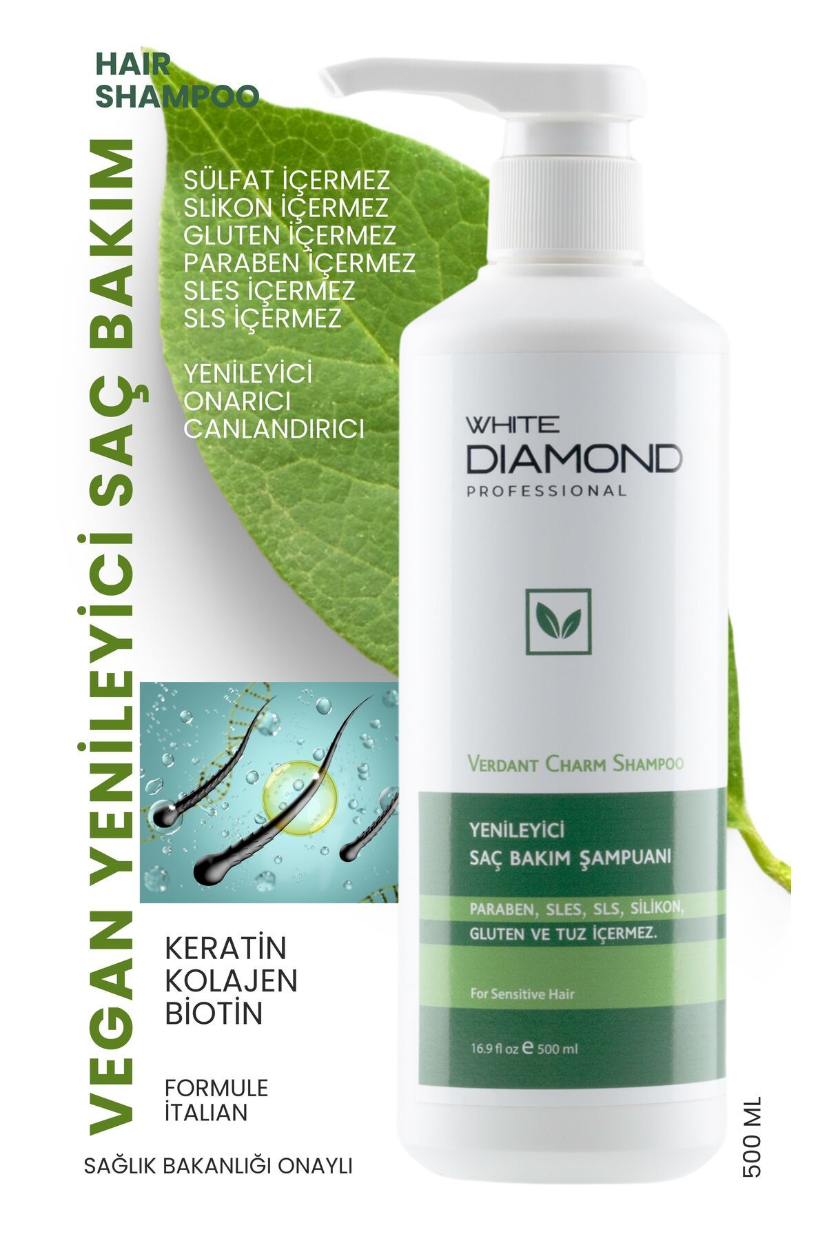 WHİTE DİAMOND Yenıleyıcı Vegan Saç Bakım Şampuanı, Paraben. Sles, Sls, Gluten ve Tuz Içermez 500 ml
