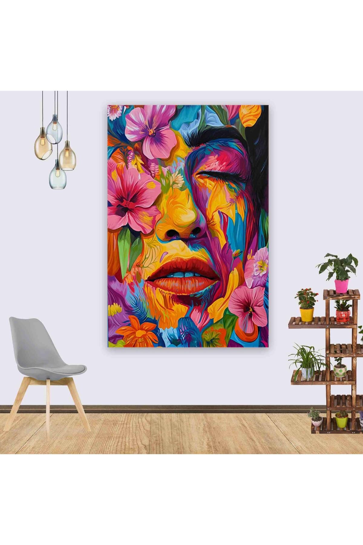 Ritmo Canvas Soyut Renkler ve Çiçeklerle Kadın Portresi Kanvas Tablo