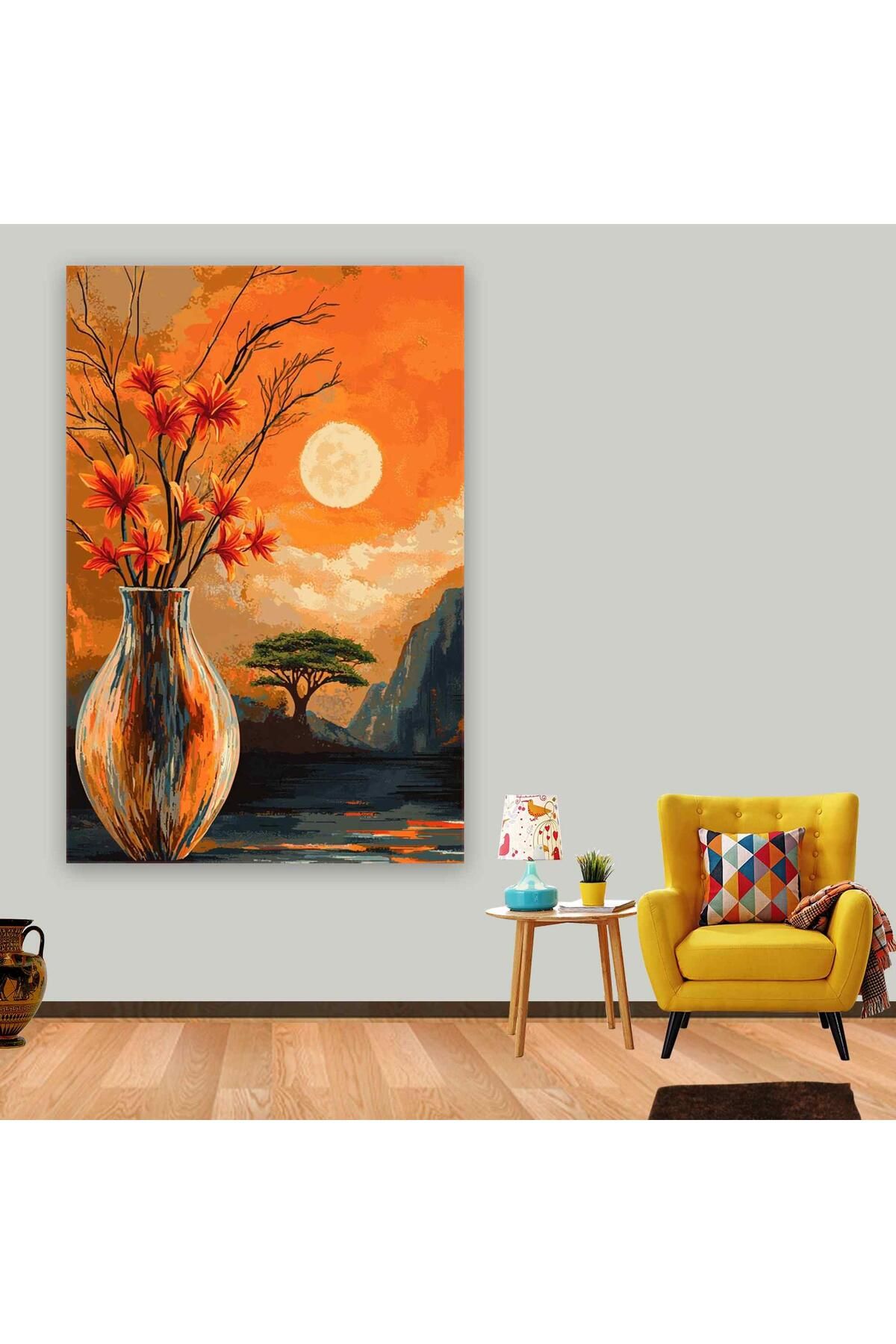 Ritmo Canvas Gün Batımı ve Vazoda Çiçekler Kanvas Tablo