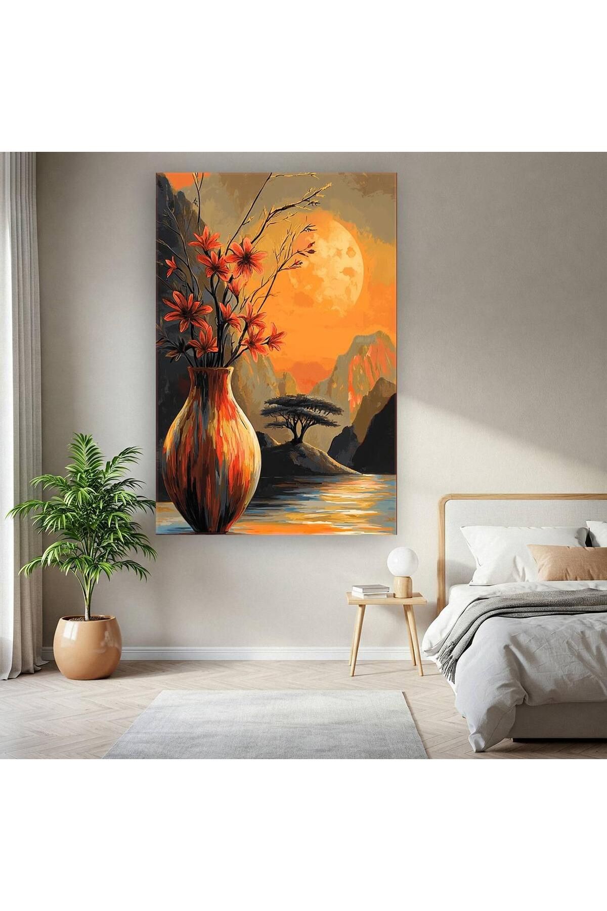 Ritmo Canvas Gün Batımı ve Vazoda Kuru Çiçekler Kanvas Tablo