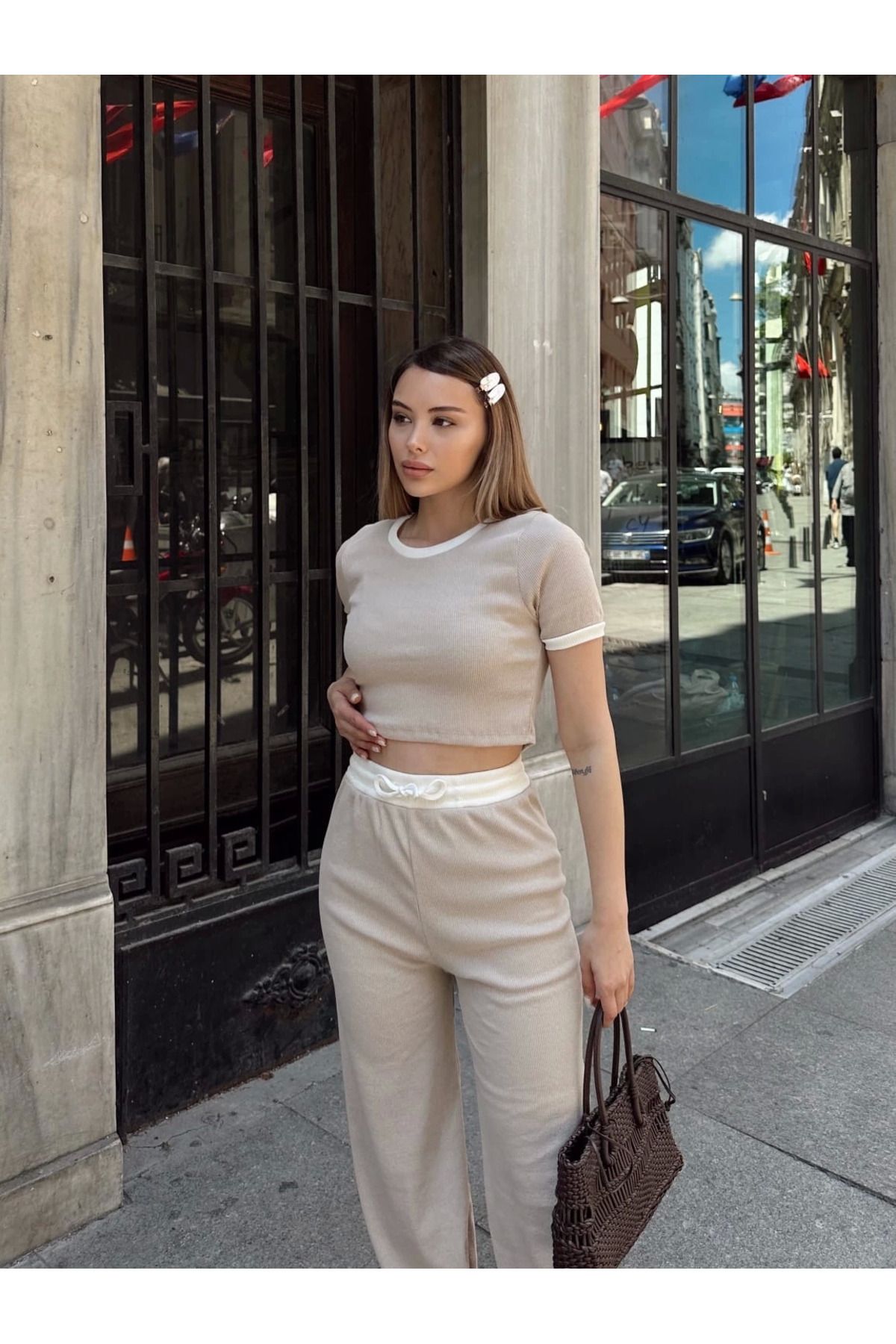 ZORM Crop pantolon biyeli takım bej