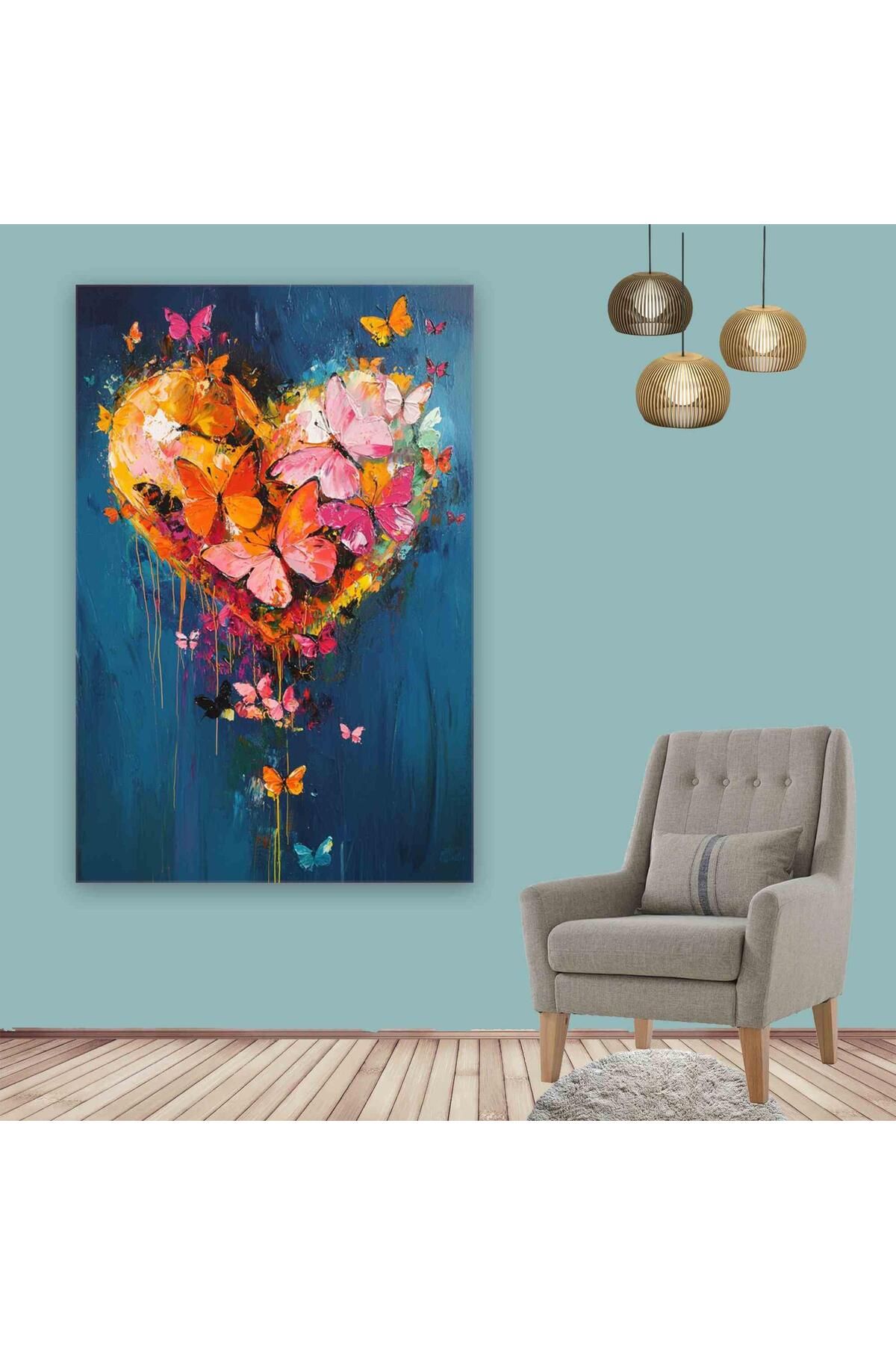 Ritmo Canvas Kalp Kelebekler ve Çiçekler Kanvas Tablo