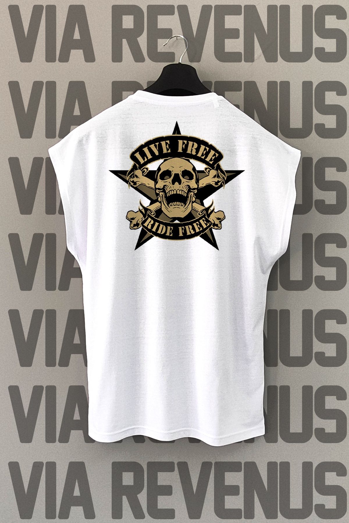 Vordevia Live Free Ride Free / Motorcu Sırt Baskılı Sıfır Kollu Bisiklet Yaka Spor Tshirt