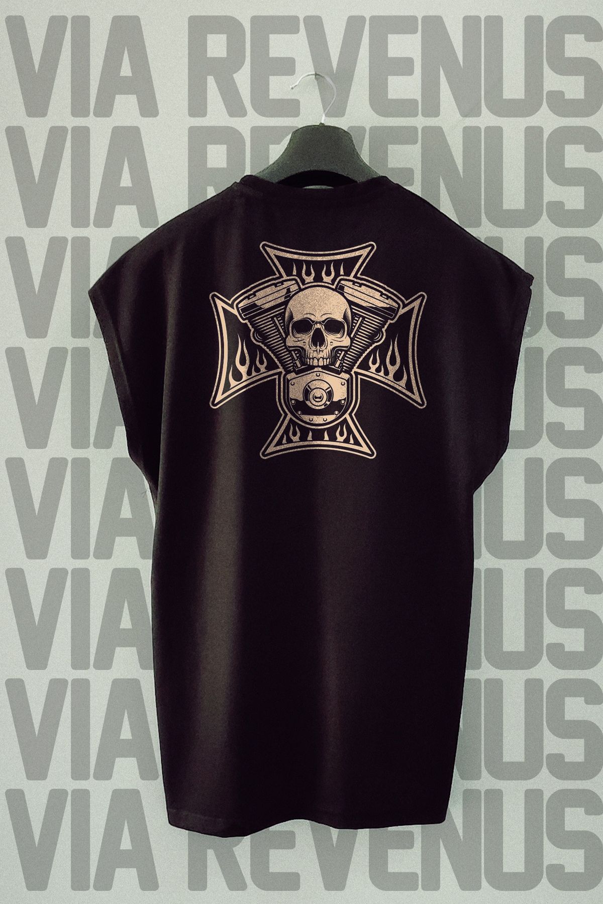 Vordevia Motorcu Kurukafa Sırt Baskılı Sıfır Kollu Bisiklet Yaka Spor Tshirt