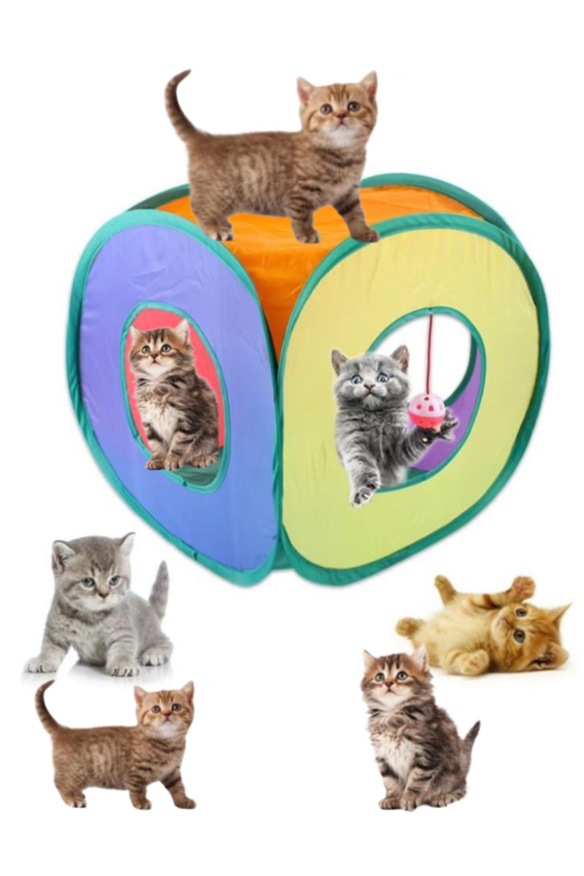 Arya 🐾 Oyuncak Toplu Kedi Oyun Tüneli – Renkli Katlanabilir Kedi Çadırı