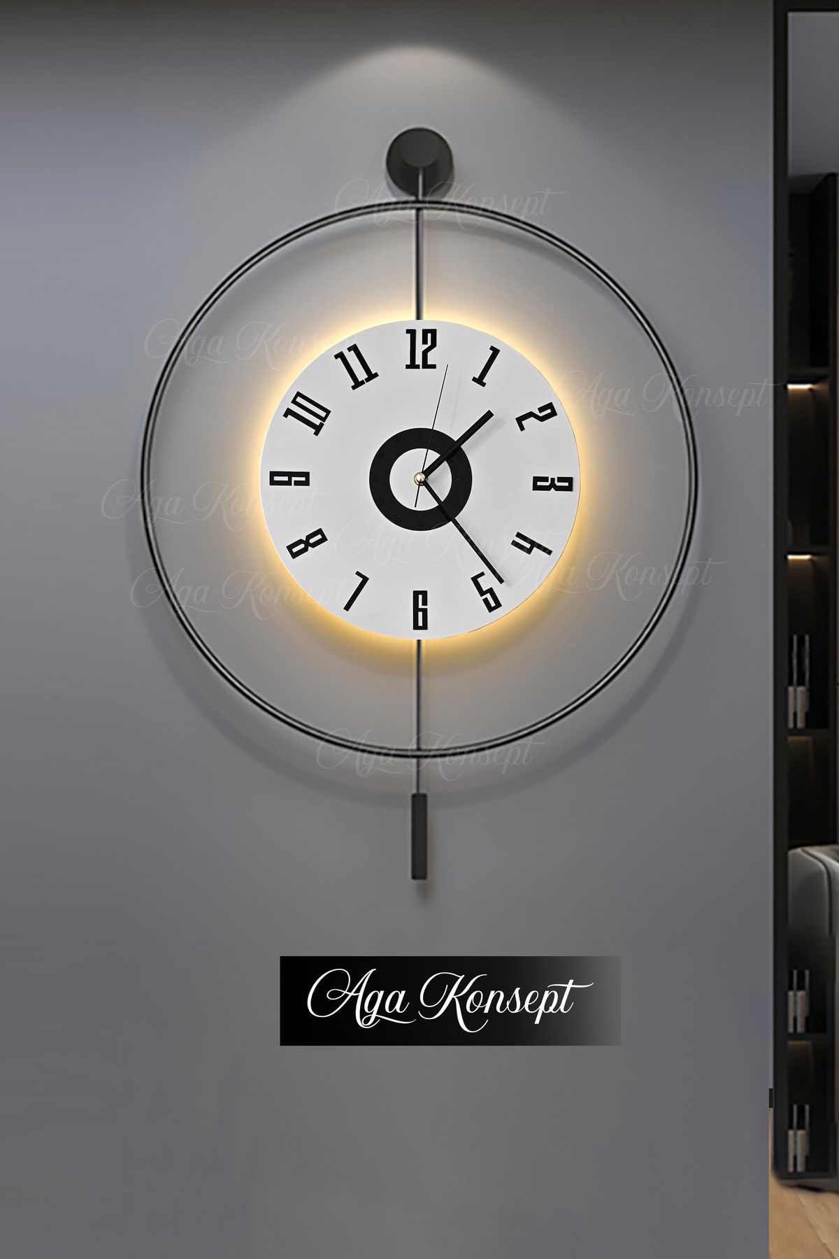 AGA KONSEPT LED'li SİYAH İzmir Kristal Tiktok (BÜYÜK BOY 50 X 75 Cm), Modern Dekoratif Metal Duvar Saati