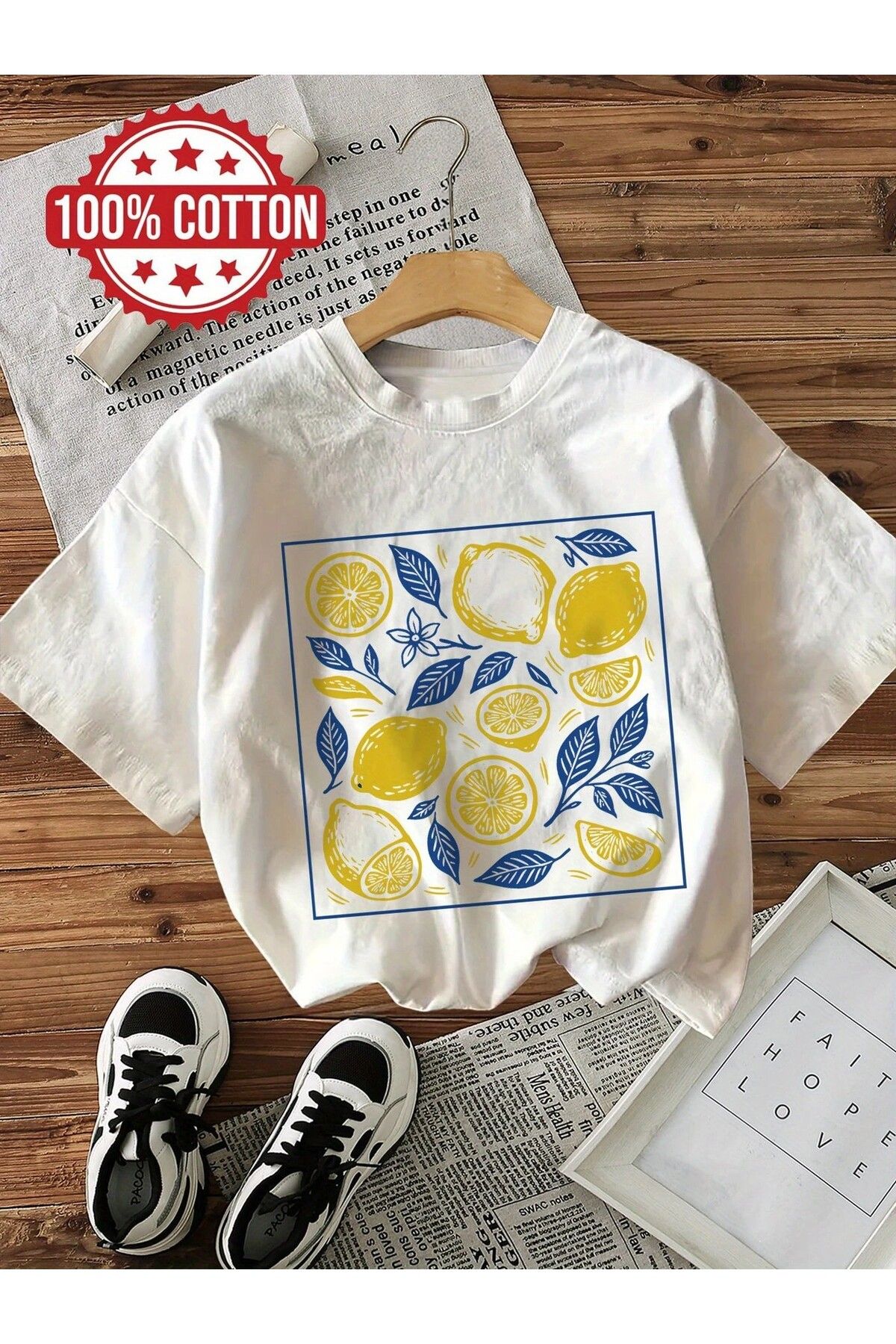 LEIVOR Limon & Yaprak Baskılı Kadın Pamuk T-shirt