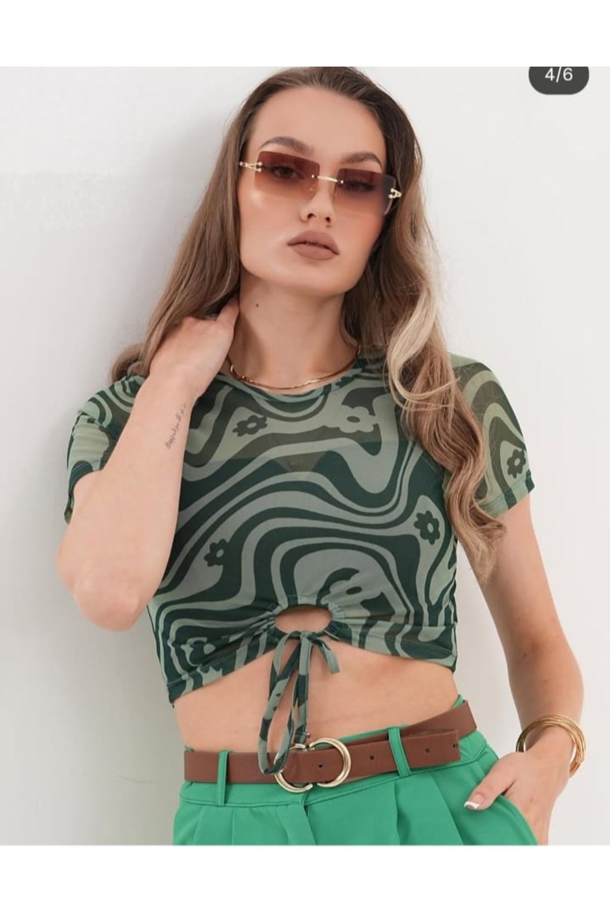 Zirova Fashion Dijital göbek kısmı detaylı tül crop