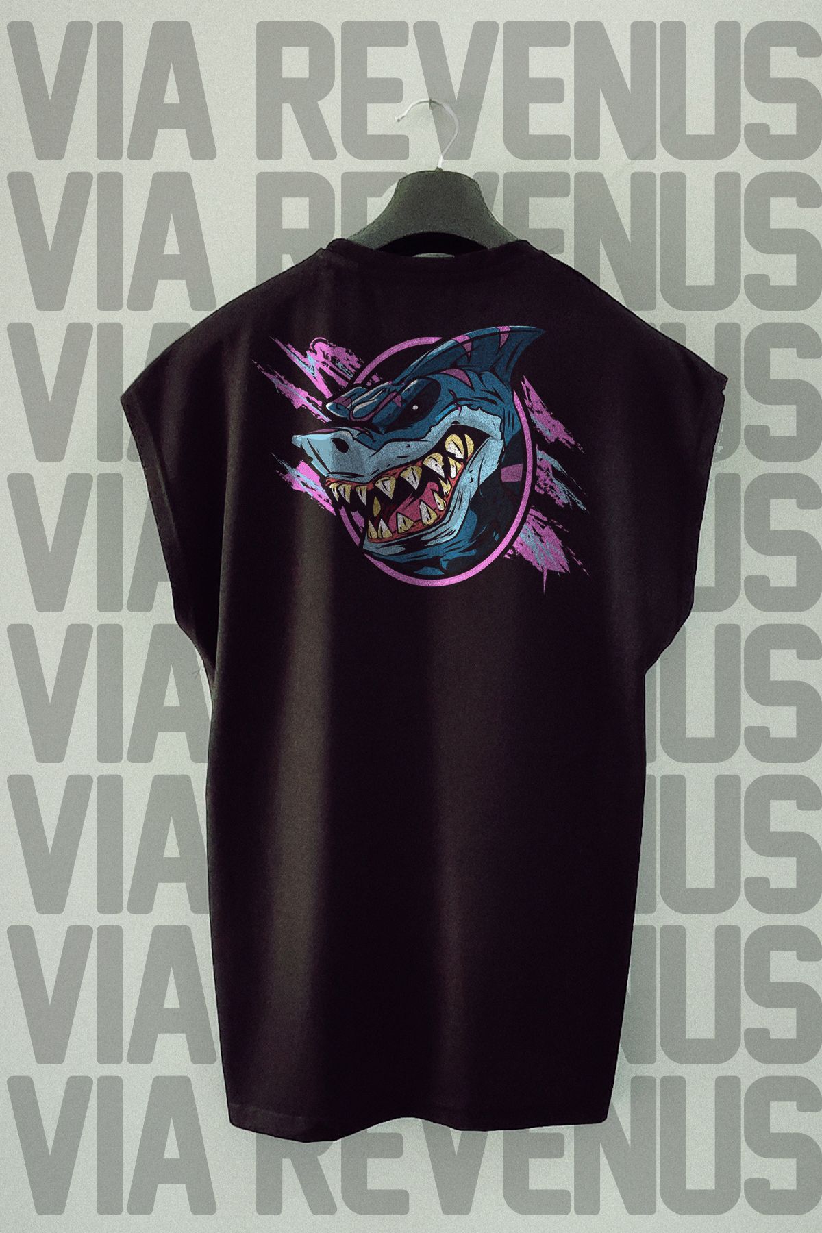 Vordevia Bad Shark Sırt Baskılı Sıfır Kollu Bisiklet Yaka Spor Tshirt