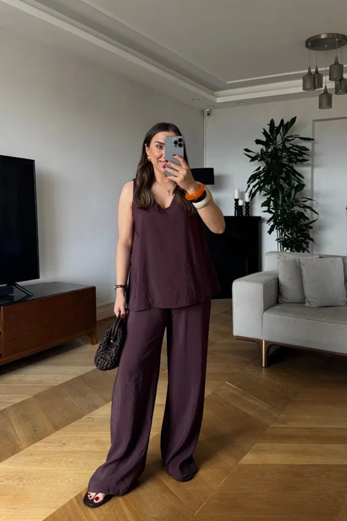 Tuba Butik V Yaka Bluz Pantolon Kadın Takım