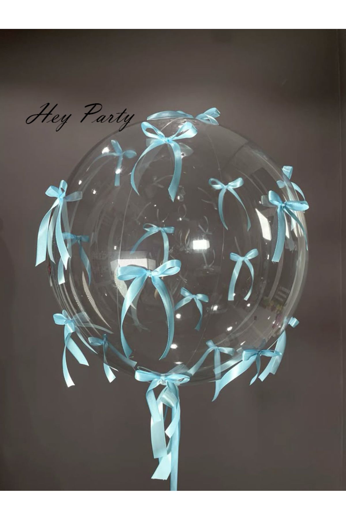 PartyPoo 10 Adet Mavi Fiyonk Kurdeleli - 1 Adet Şeffaf Bobo Balon Seti Fiyonklu Balon, Kurdeleli Balon