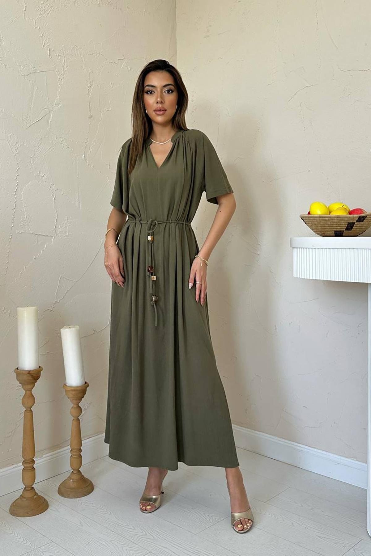 Castivo Fashion Keten Dokulu Beli Bağcıklı Yırtmaçlı Maxi Elbise