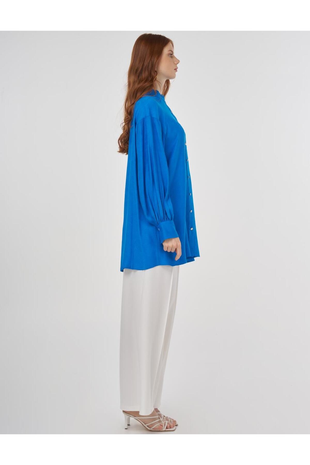 Kayra-Viscose Tunic with Ruffle Collar Cobalt Blue 5