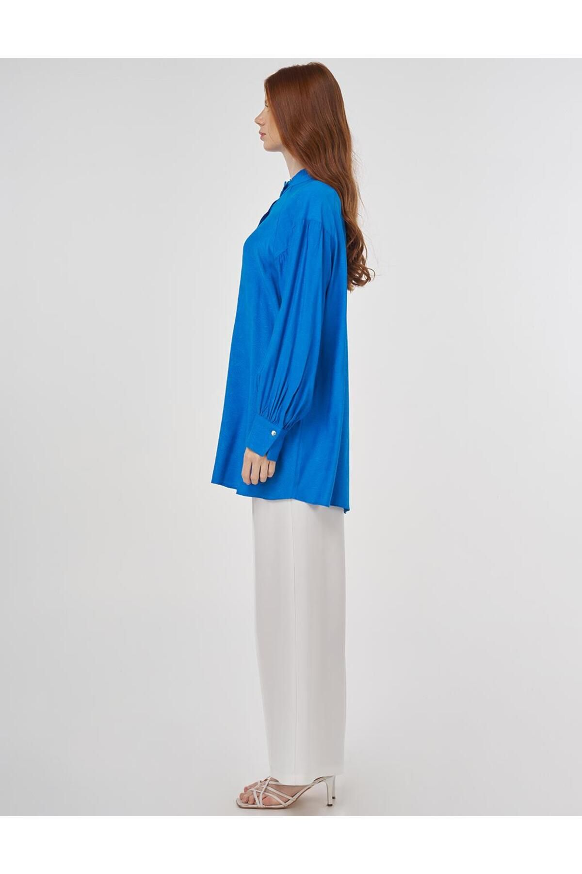 Kayra-Viscose Tunic with Ruffle Collar Cobalt Blue 3