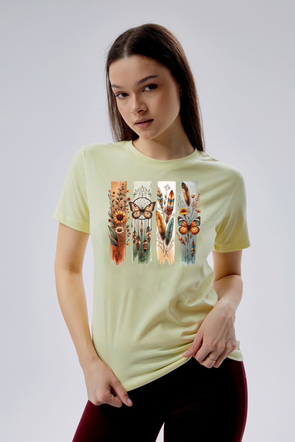 Kurun's Collection Bohem Kelebek Baskılı Kısa Kol Pamuklu Tshirt