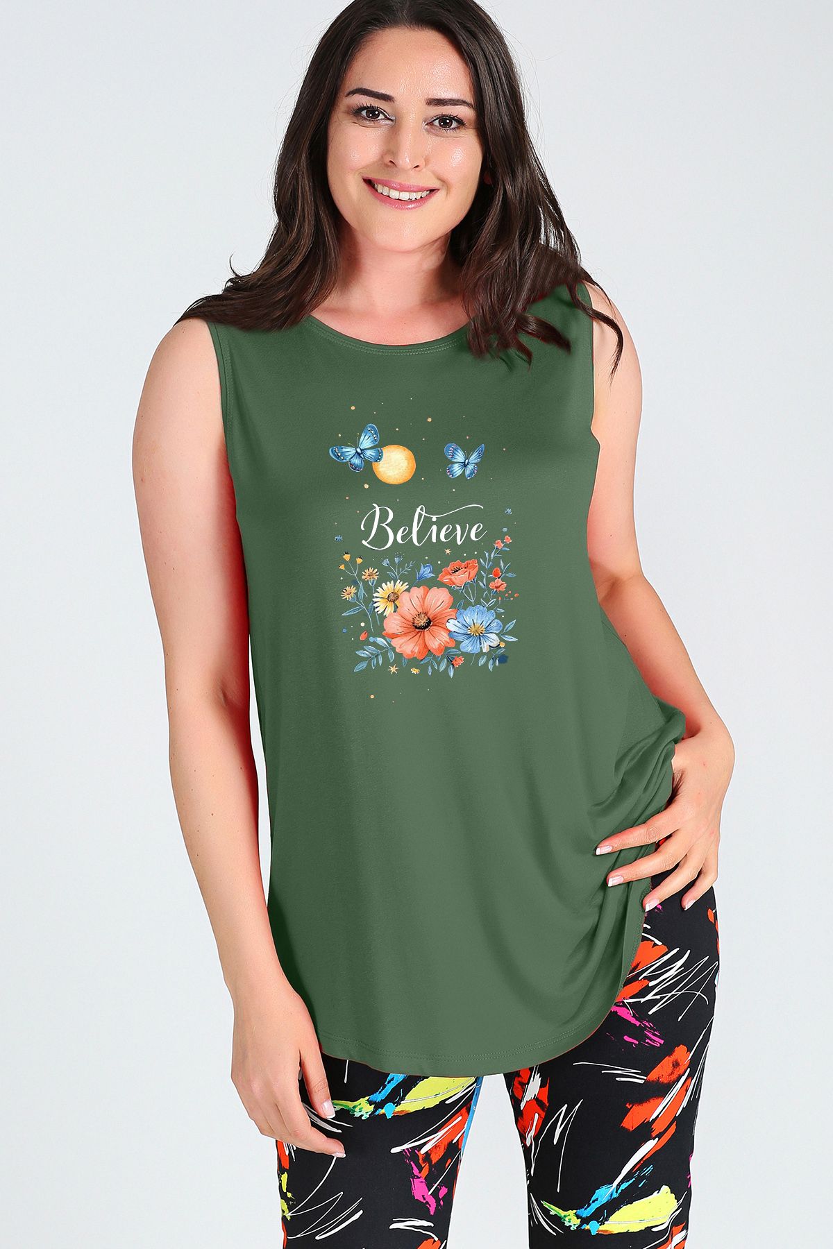 Curvy Trend Büyük Beden Believe Baskılı Kolsuz Viskon Basic Bluz