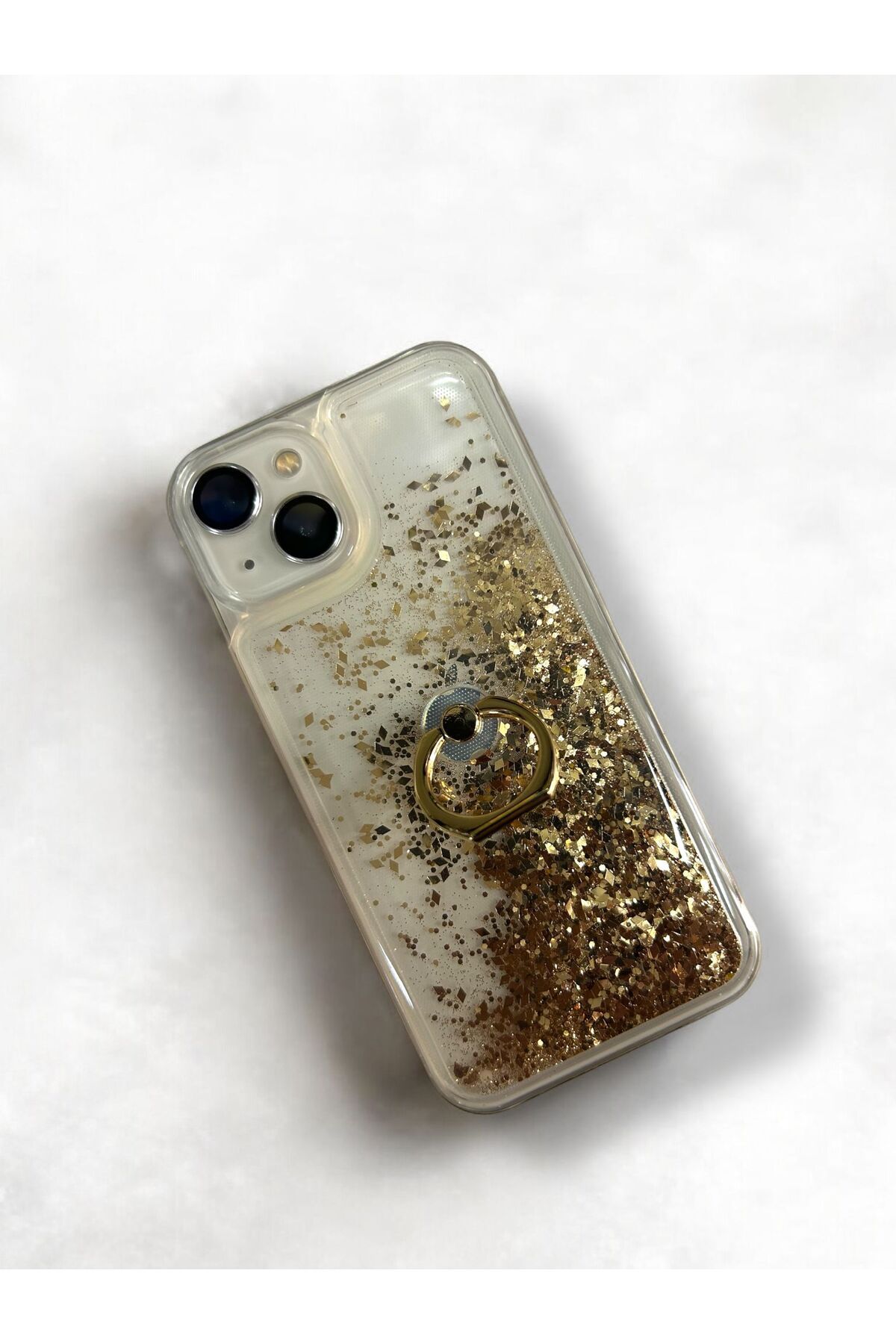 Merwish Apple iPhone 13 Ve 14 Uyumlu Sulu Simli Yüzüklü Standlı Parlak Silikon Kılıf Gold