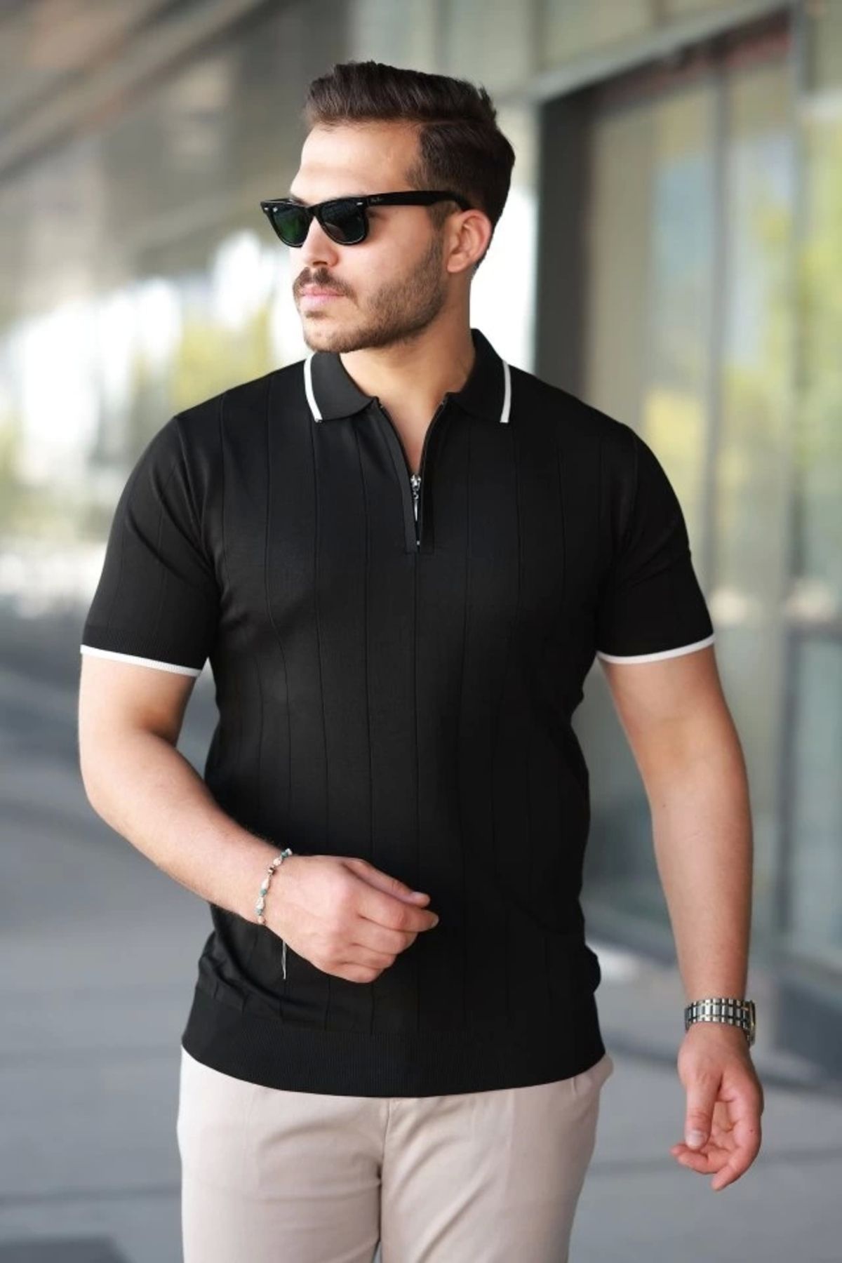 Butik Erkek Fermuar Yakalı çizgi Dokulu Kısa Kollu Tişört