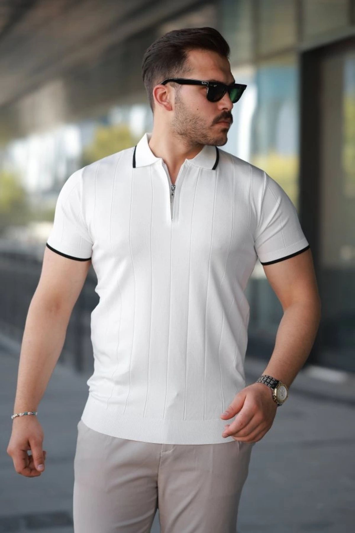 Butik Erkek Fermuar Yakalı çizgi Dokulu Kısa Kollu Tişört