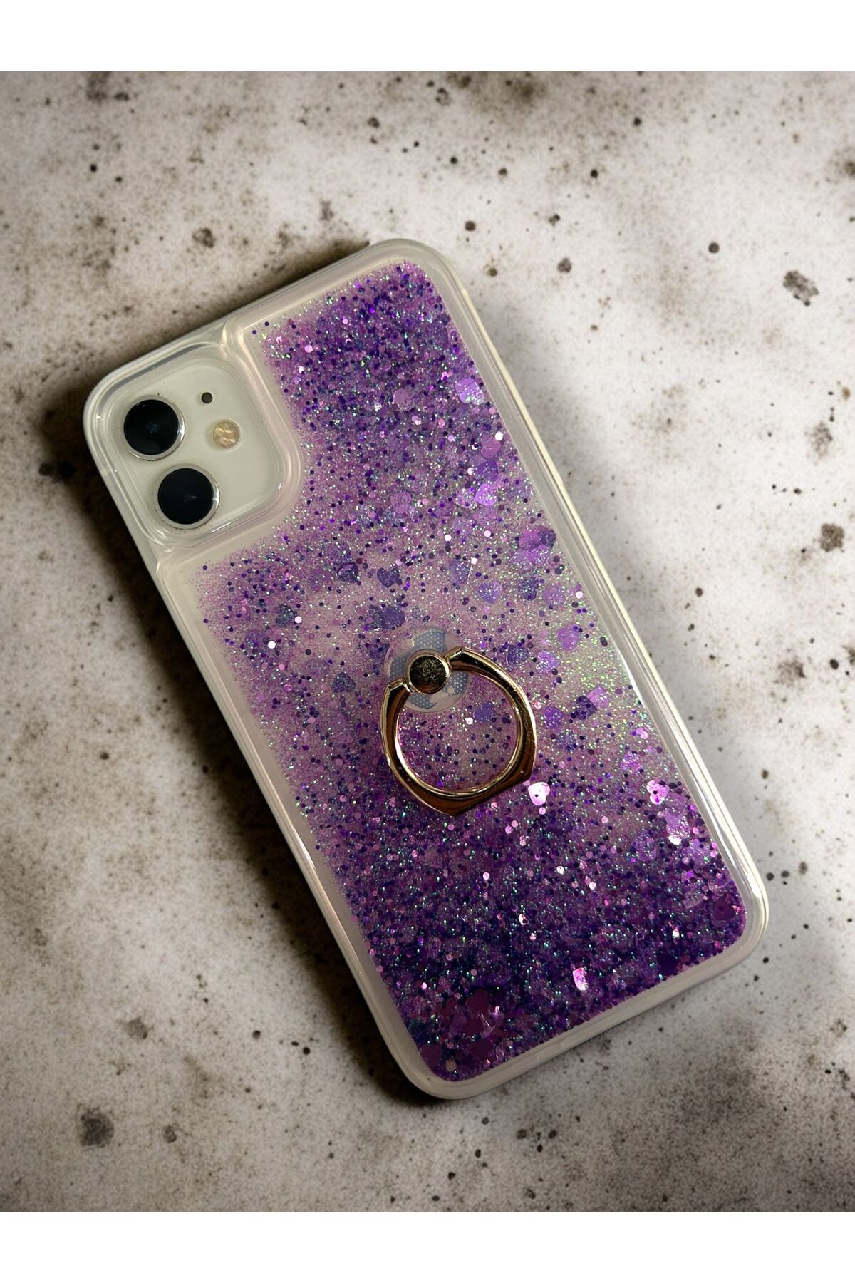 Merwish Apple iPhone 11 Uyumlu Sulu Simli Yüzüklü Standlı Parlak Silikon Kılıf Mor