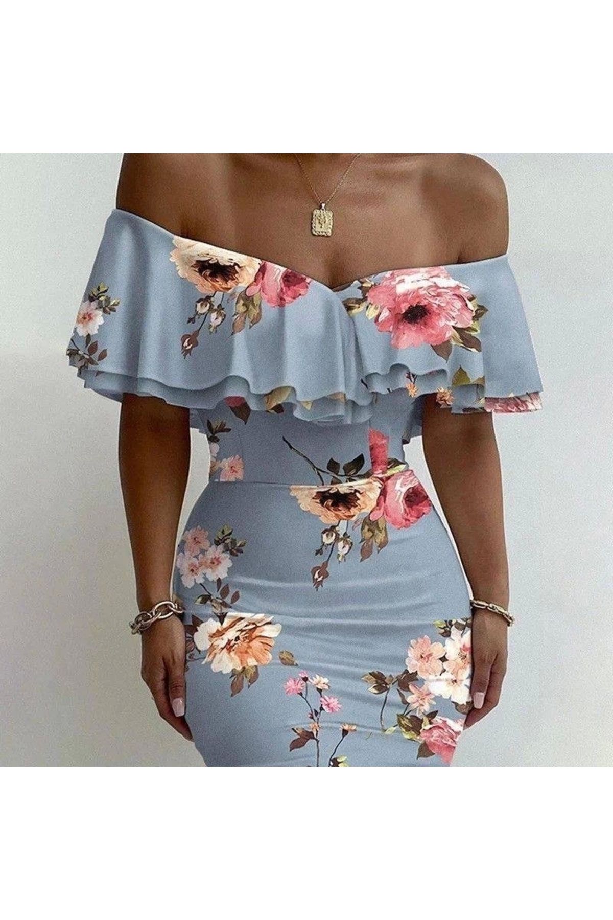 Butik Kadın Madonna Yaka çiçek Baskılı Volan Detay Kalem Elbise
