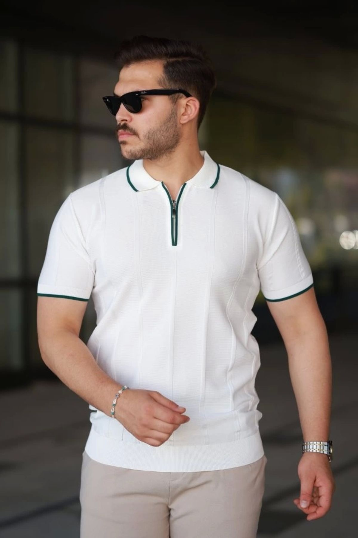 Butik Erkek Dikey Kabartmalı Örgü Dokulu Fermuar Yakalı Tişört