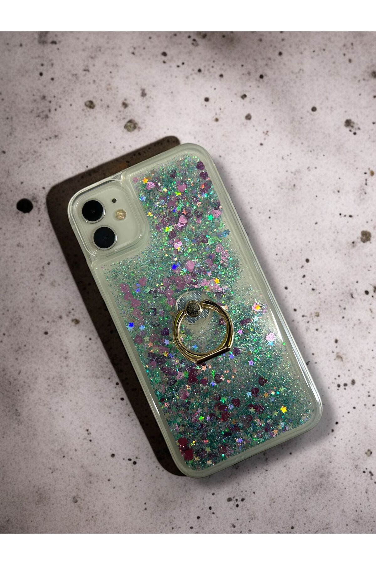 Merwish Apple iPhone 11 Uyumlu Sulu Simli Yüzüklü Standlı Parlak Silikon Kılıf Yeşil