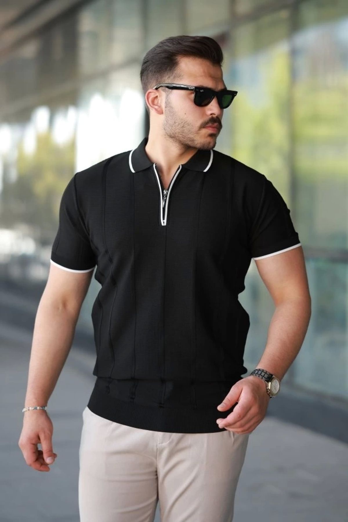 Butik Erkek Dikey Kabartmalı Örgü Dokulu Fermuar Yakalı Tişört
