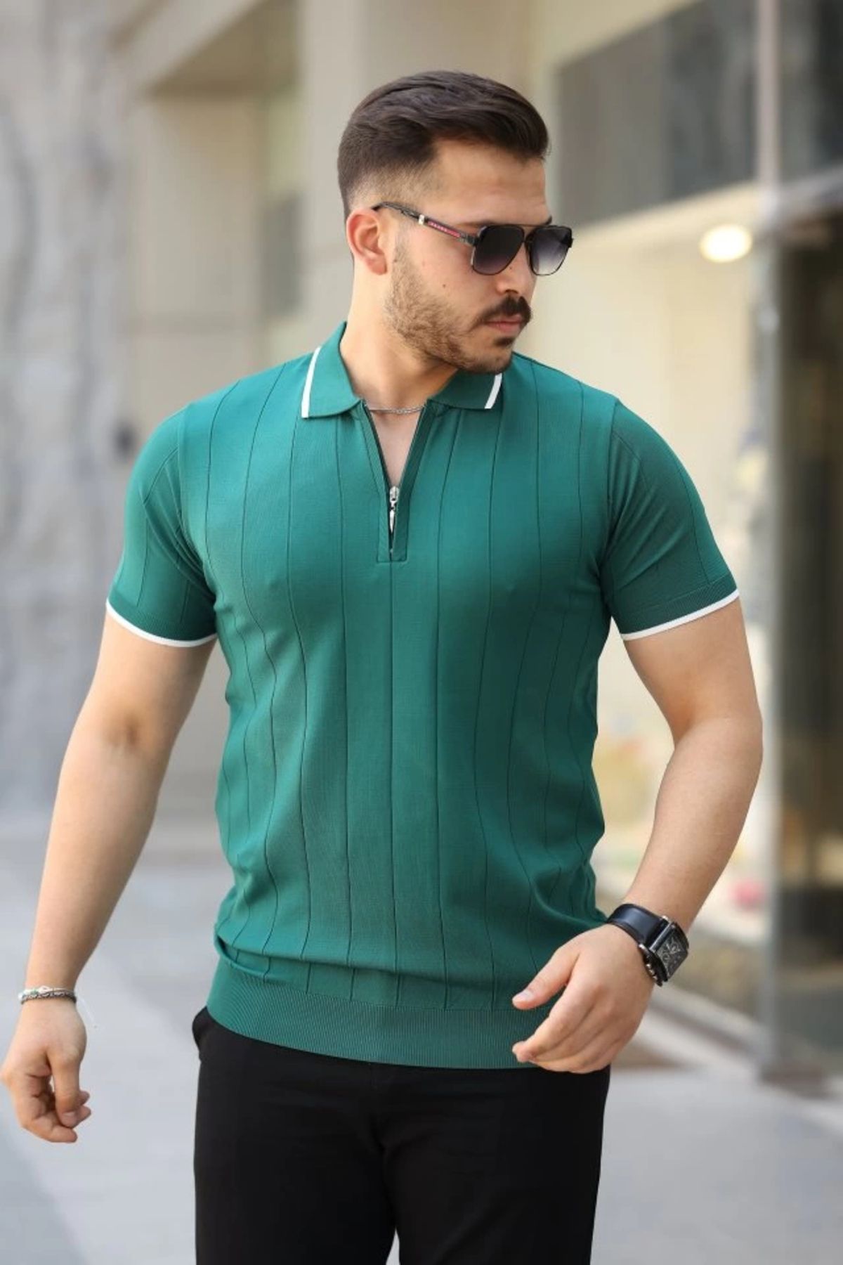 Butik Erkek Fermuar Yakalı çizgi Dokulu Kısa Kollu Tişört