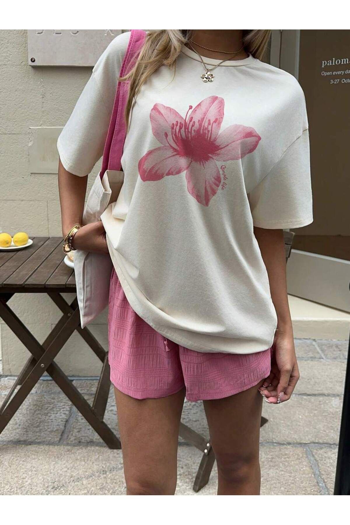 MODANİCA Kadın Pembe Çiçek Baskılı Oversize T-Shirt