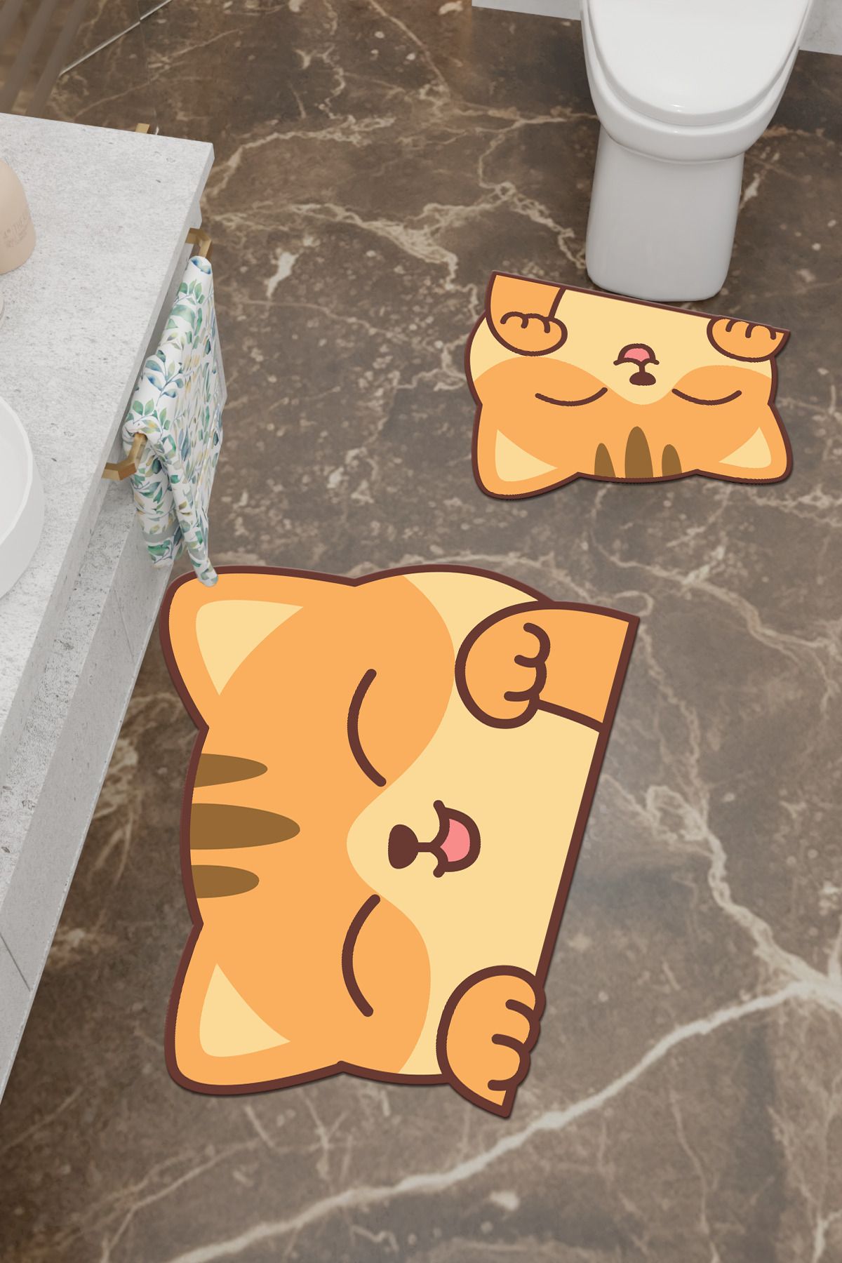 Charmbi-Tatlış Cat Patterned Eco Bath Mat, Non-Slip Base, Machine Washable, Digital Printing Set of 2 1