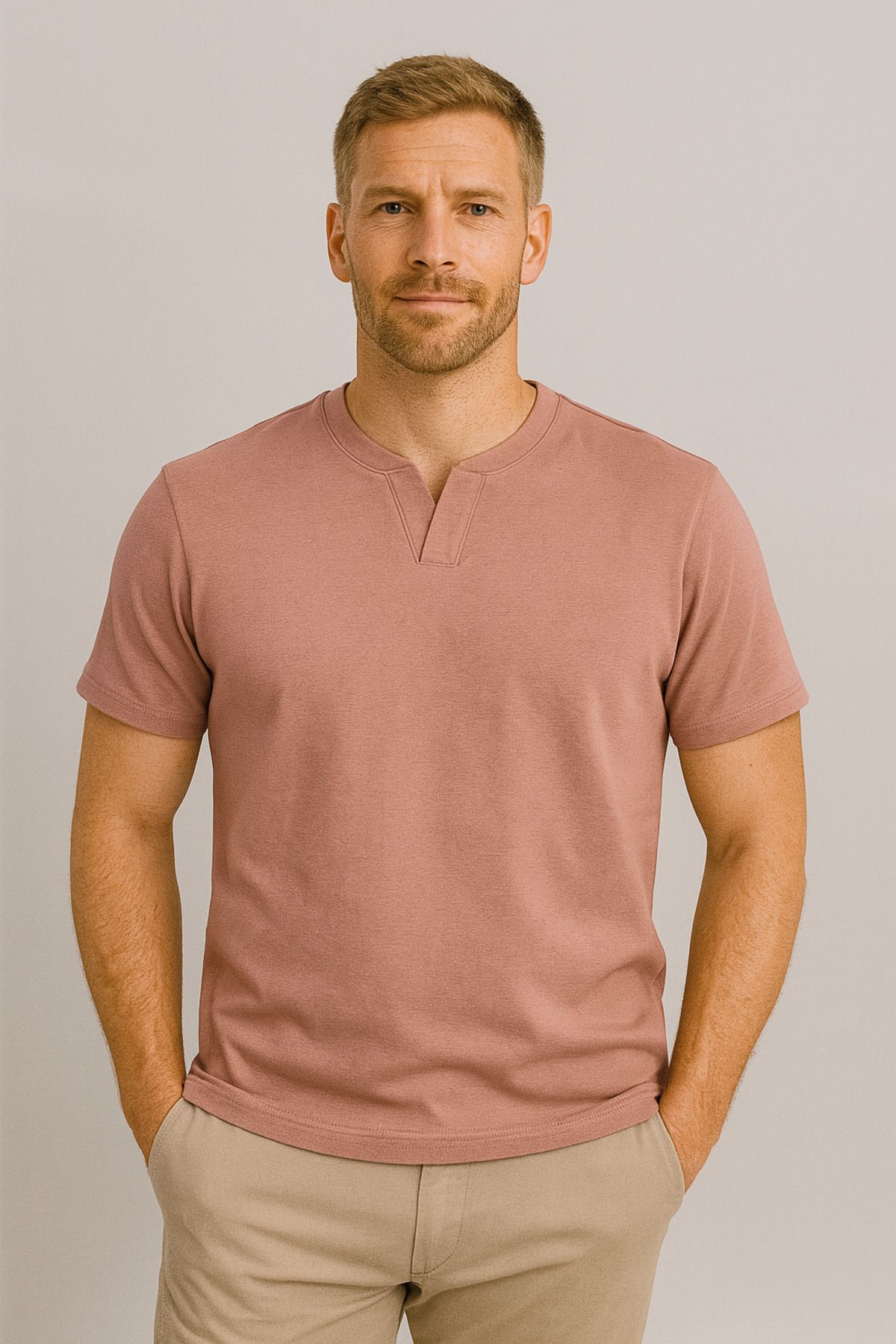 UOMOPARK KOPYA - 2124 Henley Tişört Kahverengi Düğme Detaylı Basic Casual T shirt