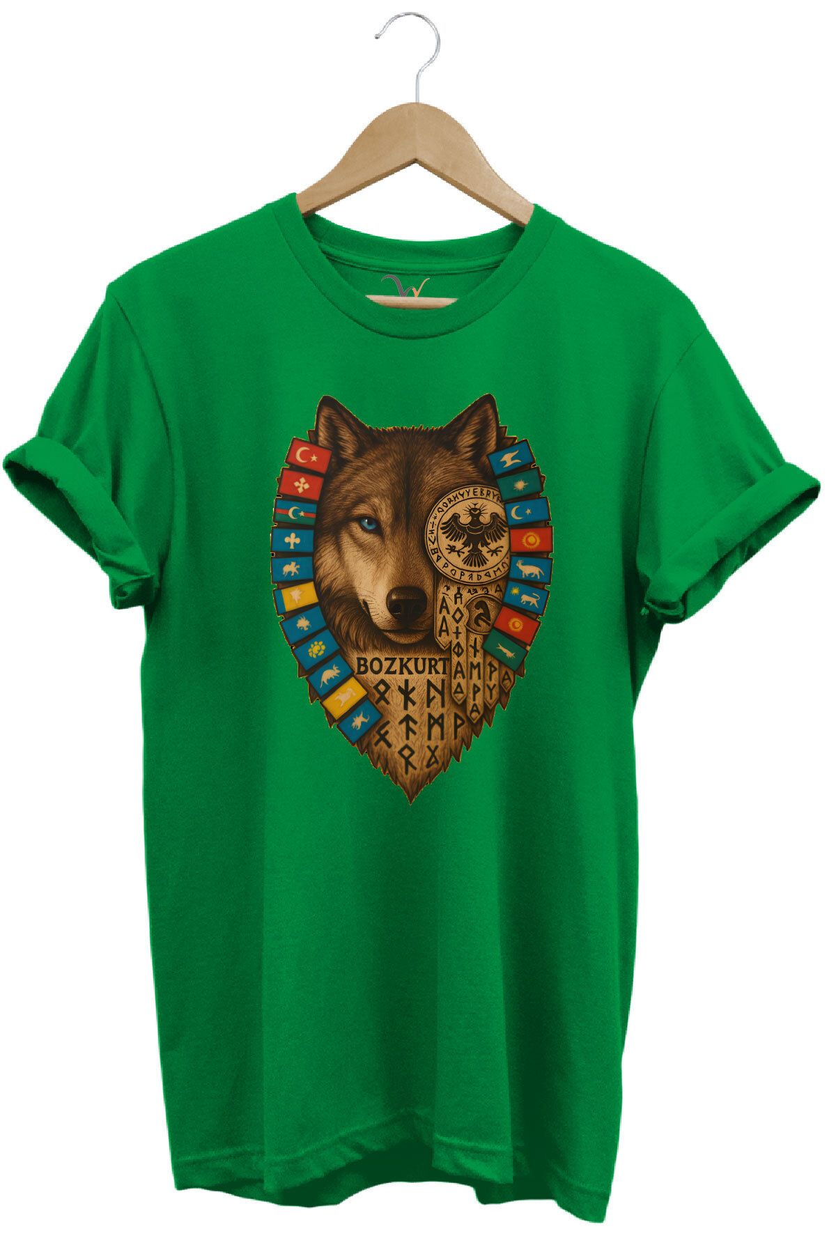 WİDİ Bozkurt Göktürk Alfabeli ve Türk Devletleri Bayrakları Baskılı %100 Pamuk Regular Fit T-shirt