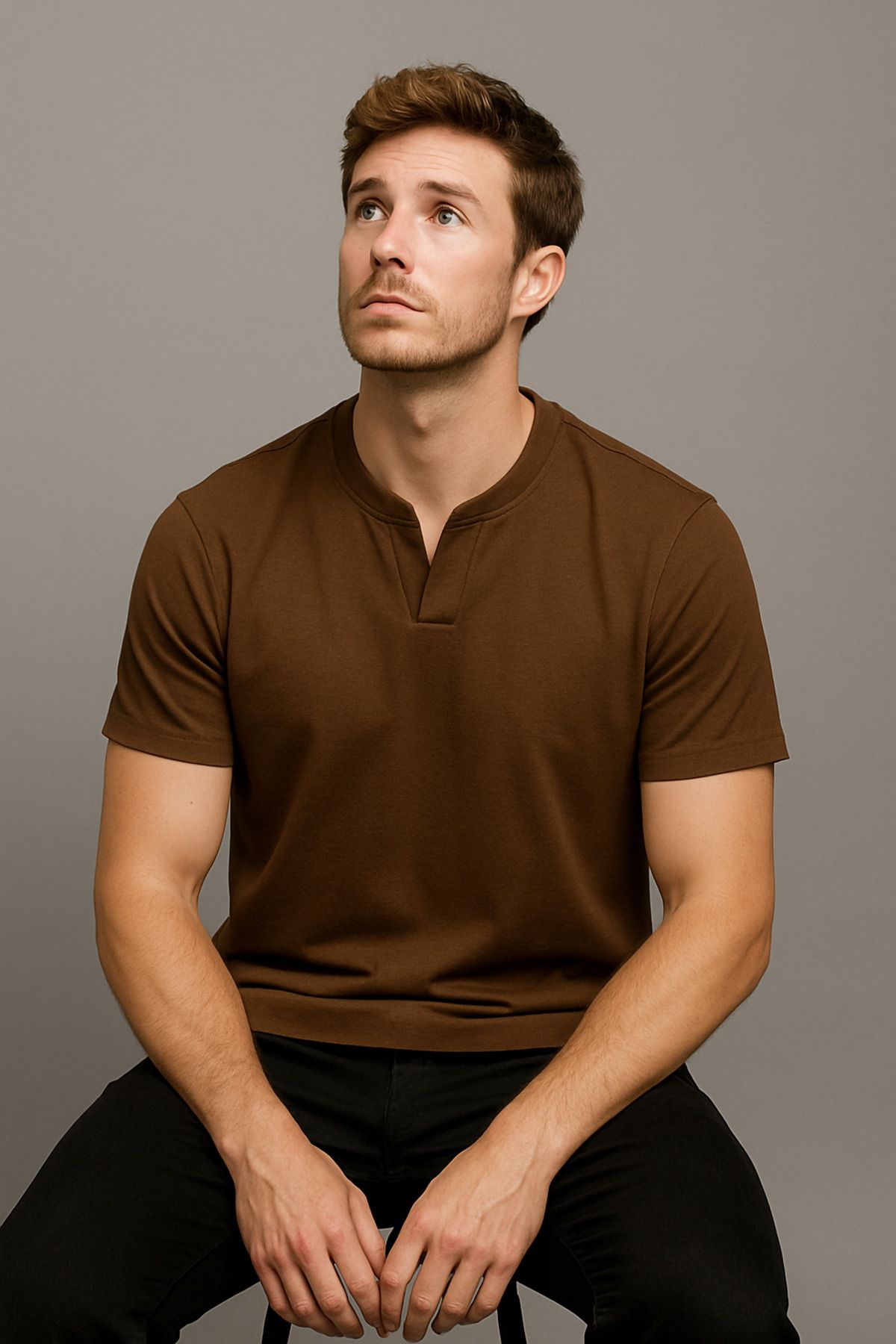 LACİVERTMEN Lacivertmen 2124 Henley Tişört Kahverengi Düğme Detaylı Basic Casual T shirt
