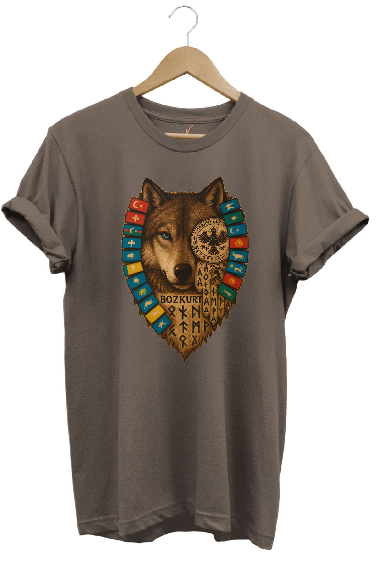 WİDİ Bozkurt Göktürk Alfabeli ve Türk Devletleri Bayrakları Baskılı %100 Pamuk Regular Fit T-shirt