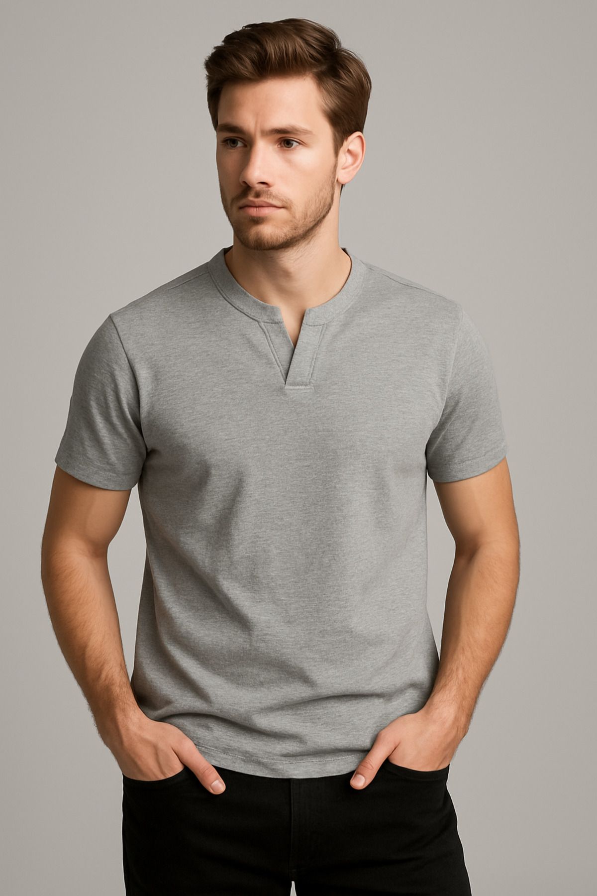 LACİVERTMEN Lacivertmen 2124 Henley Tişört Kahverengi Düğme Detaylı Basic Casual T shirt