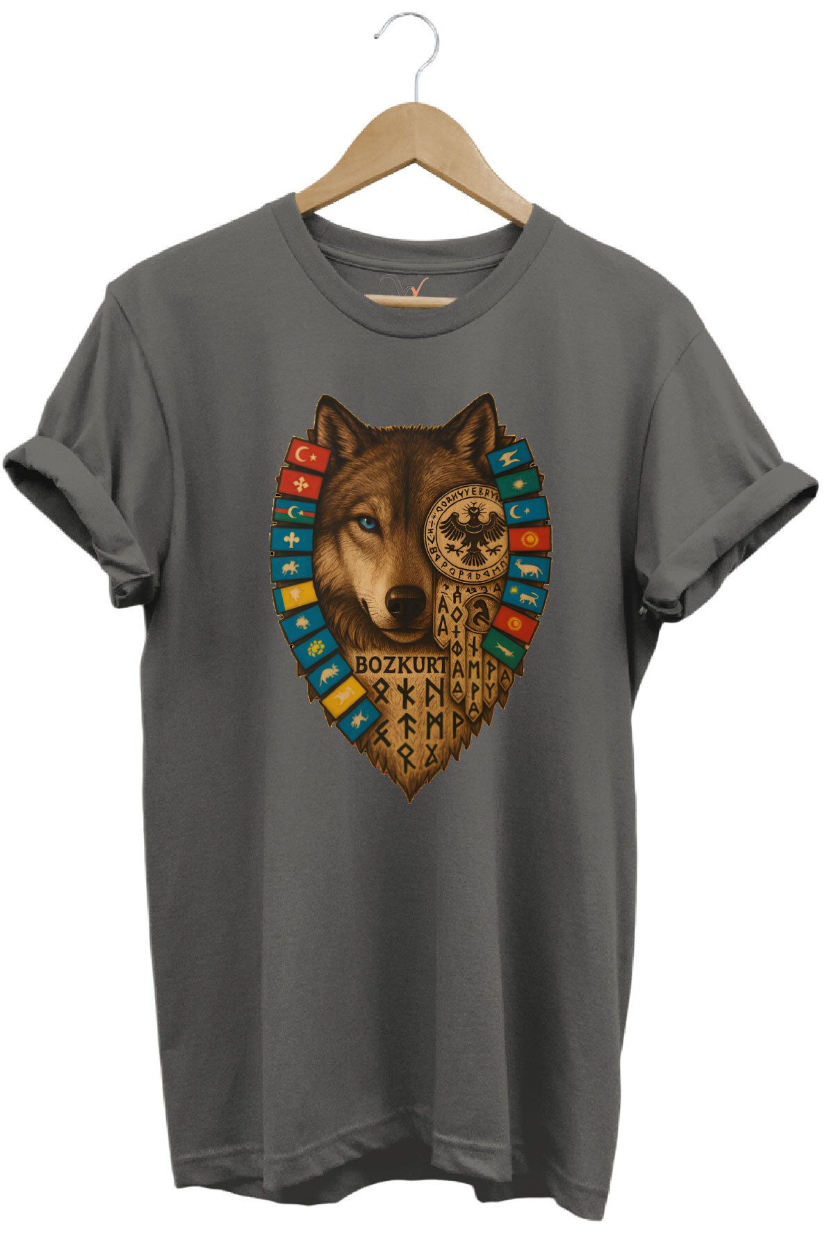 WİDİ Bozkurt Göktürk Alfabeli ve Türk Devletleri Bayrakları Baskılı %100 Pamuk Regular Fit T-shirt