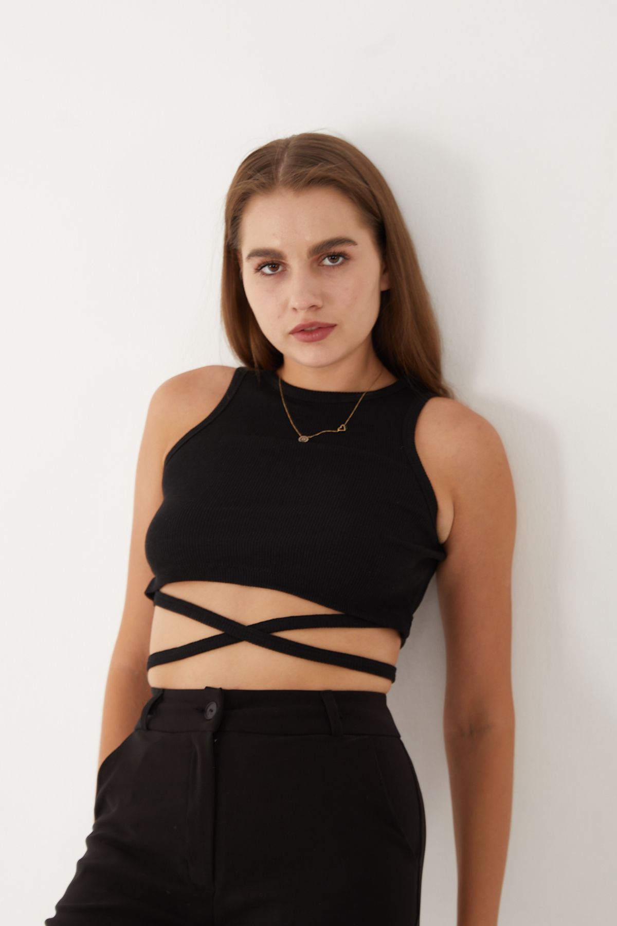 Wearflawless Kadın Sıfır Kol Çapraz Bağlamalı Pamuklu Fitilli Bluz Crop Top