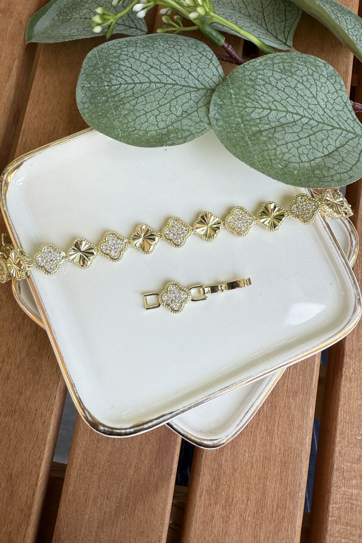 My Joyas Design 14K Altın Kaplama Lazer Kesim Yonca Bileklik 17+2cm
