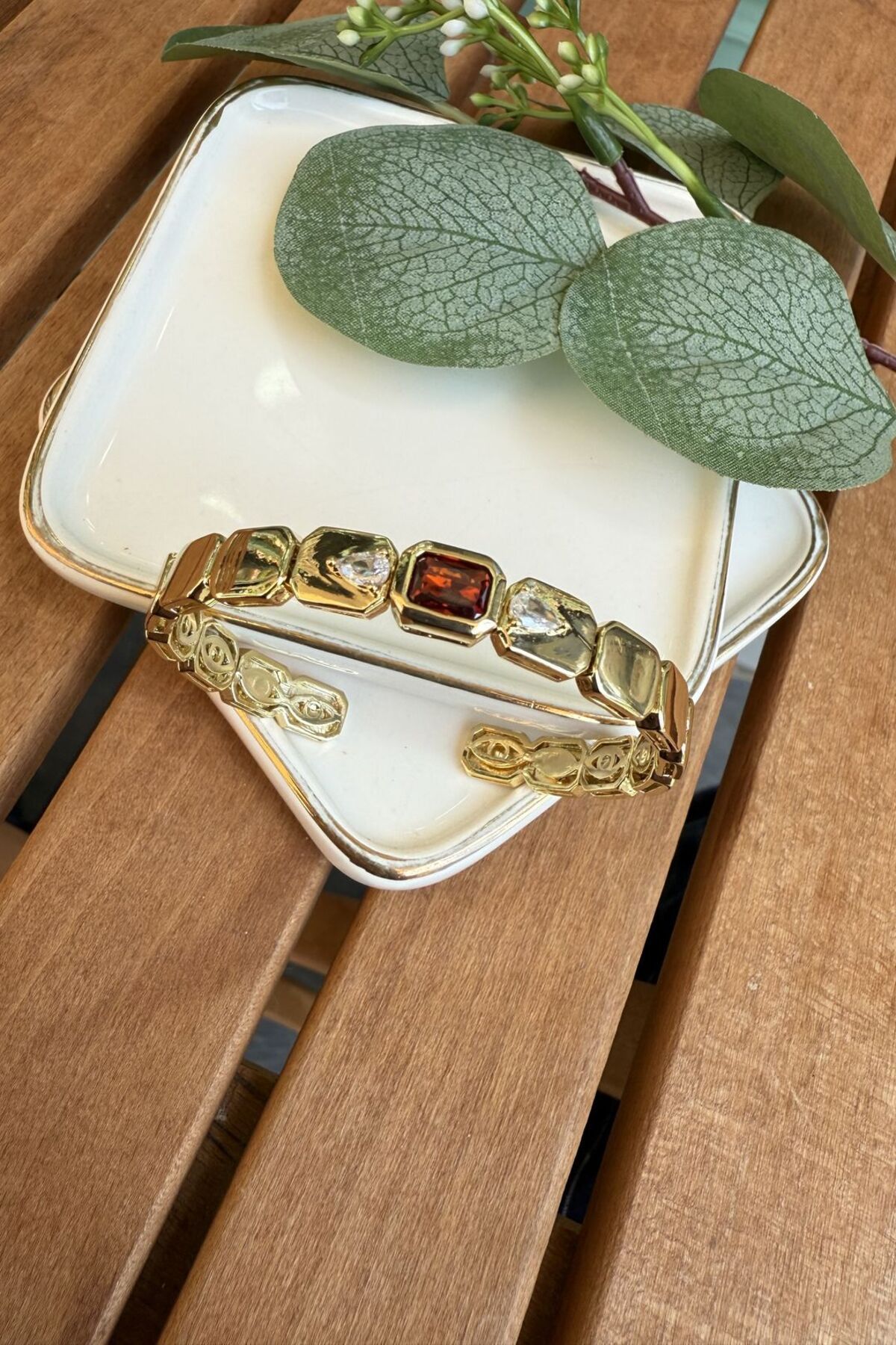My Joyas Design 14K Altın Kaplama Turuncu Kare Taşlı Plaka Bilezik