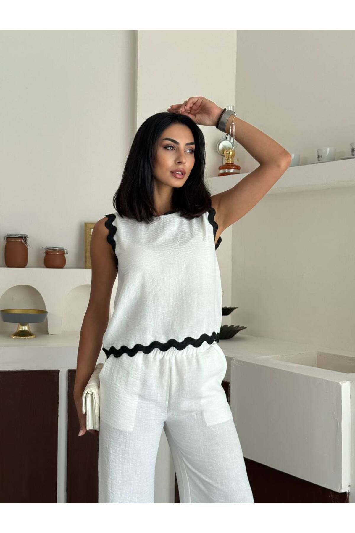 jennyfer garment İTHAL KETEN KUMAŞ BLUZLU CEP DETAYLI PANTOLON