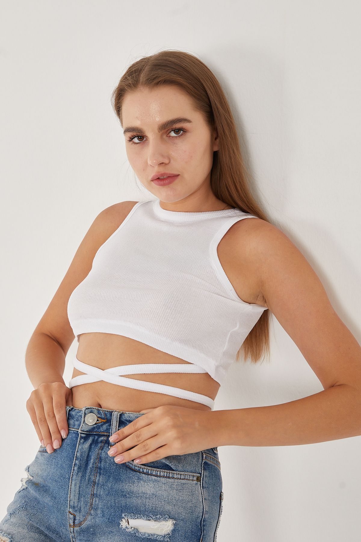 Wearflawless Kadın Sıfır Kol Çapraz Bağlamalı Pamuklu Fitilli Bluz Crop Top