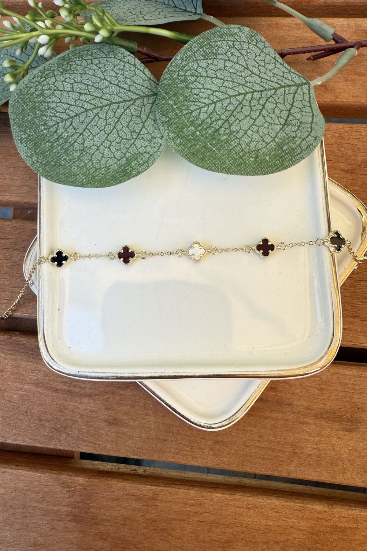 My Joyas Design 14K Altın Kaplama Siyah, Bordo, Beyaz Taşlı Minik Yonca Bileklik Gold 15+5cm