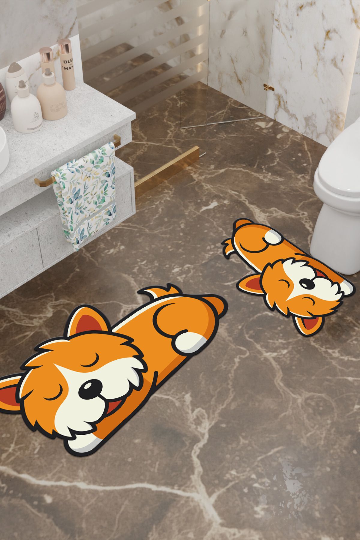 Charmbi-Tatlış Dog Patterned Eco Bath Mat, Non-Slip Base, Machine Washable, Digital Printing Set of 2 2
